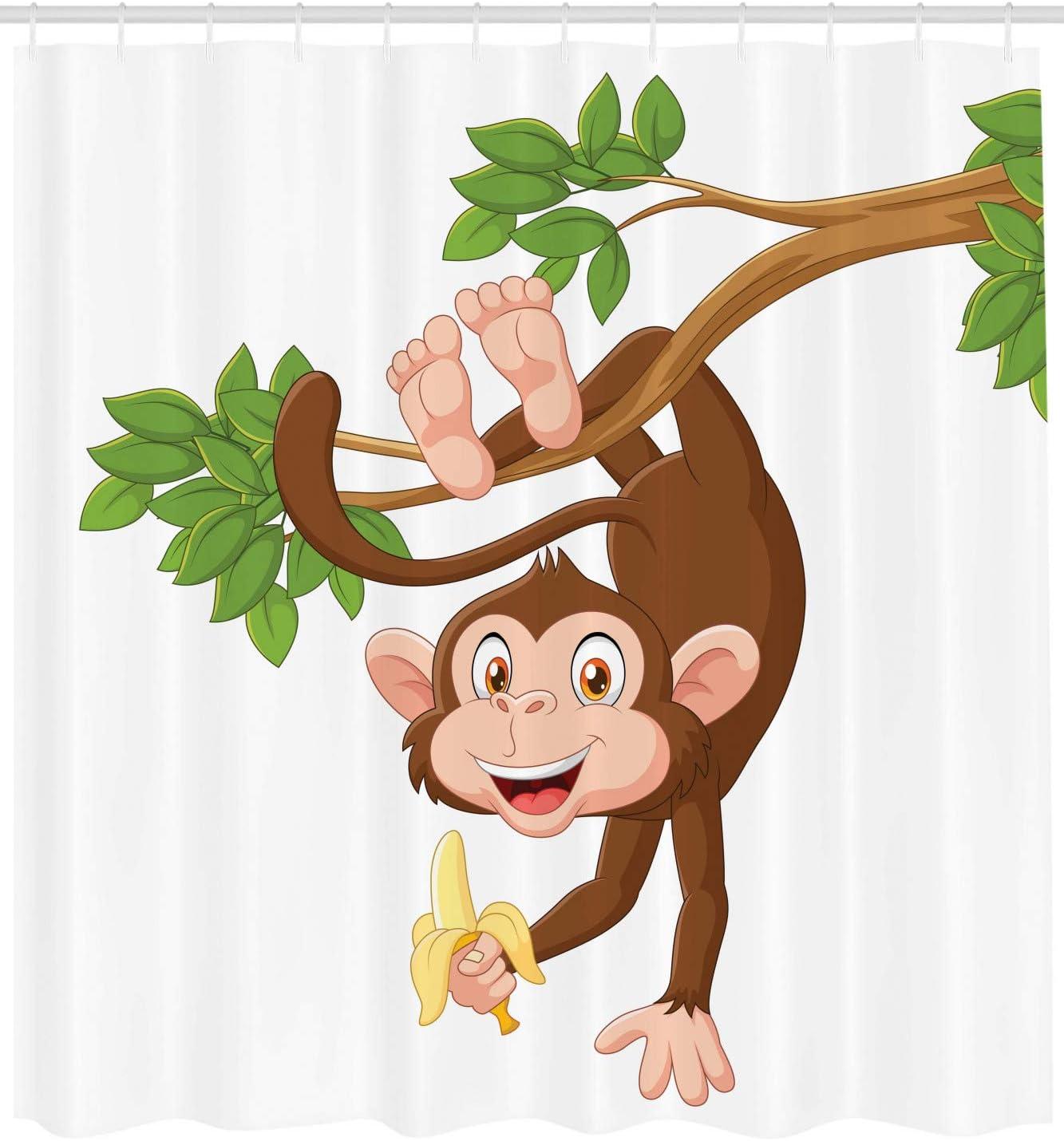 imageAmbesonne Cartoon Shower Curtain Funny Monkey Hanging from Tree and Holding Banana Jungle Animals Theme Print Cloth Fabric Bathroom Decor Set with Hooks 69 W x 70 L Chocolate White