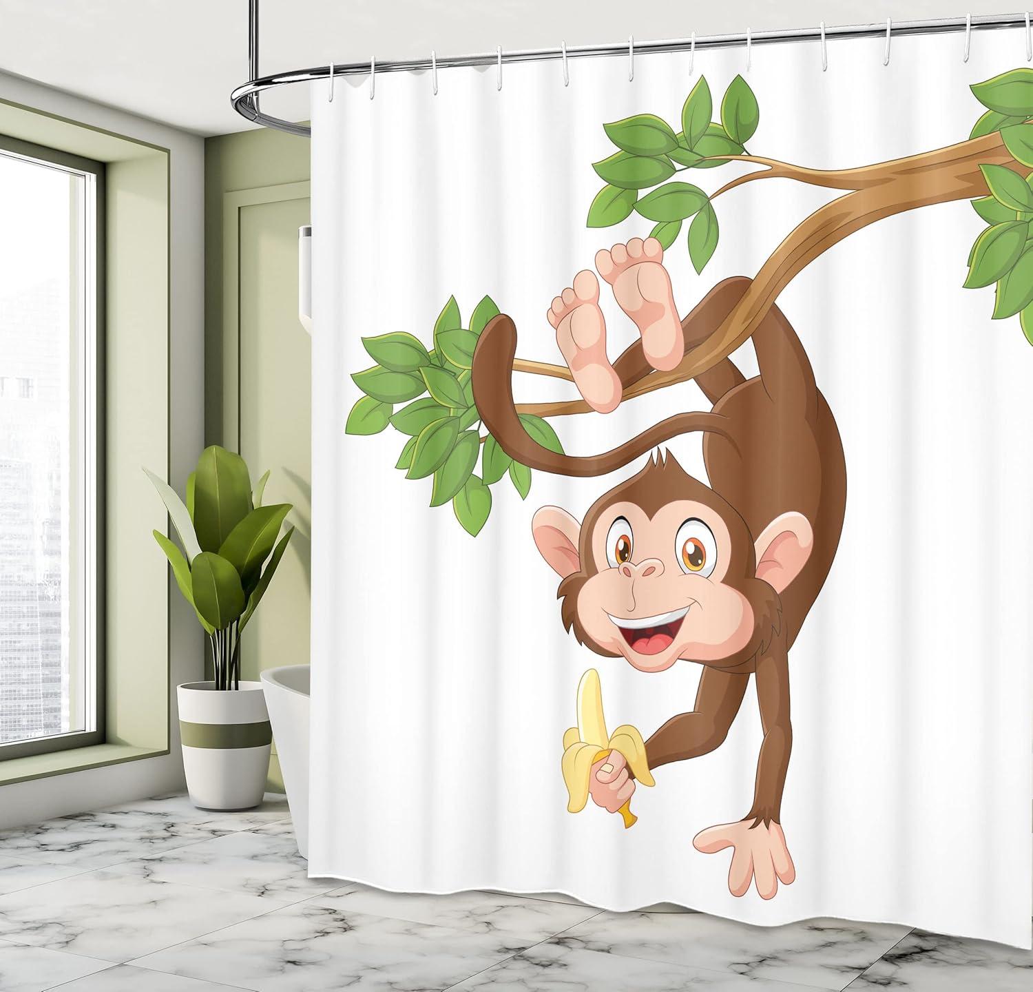 imageAmbesonne Cartoon Shower Curtain Funny Monkey Hanging from Tree and Holding Banana Jungle Animals Theme Print Cloth Fabric Bathroom Decor Set with Hooks 69 W x 70 L Chocolate White