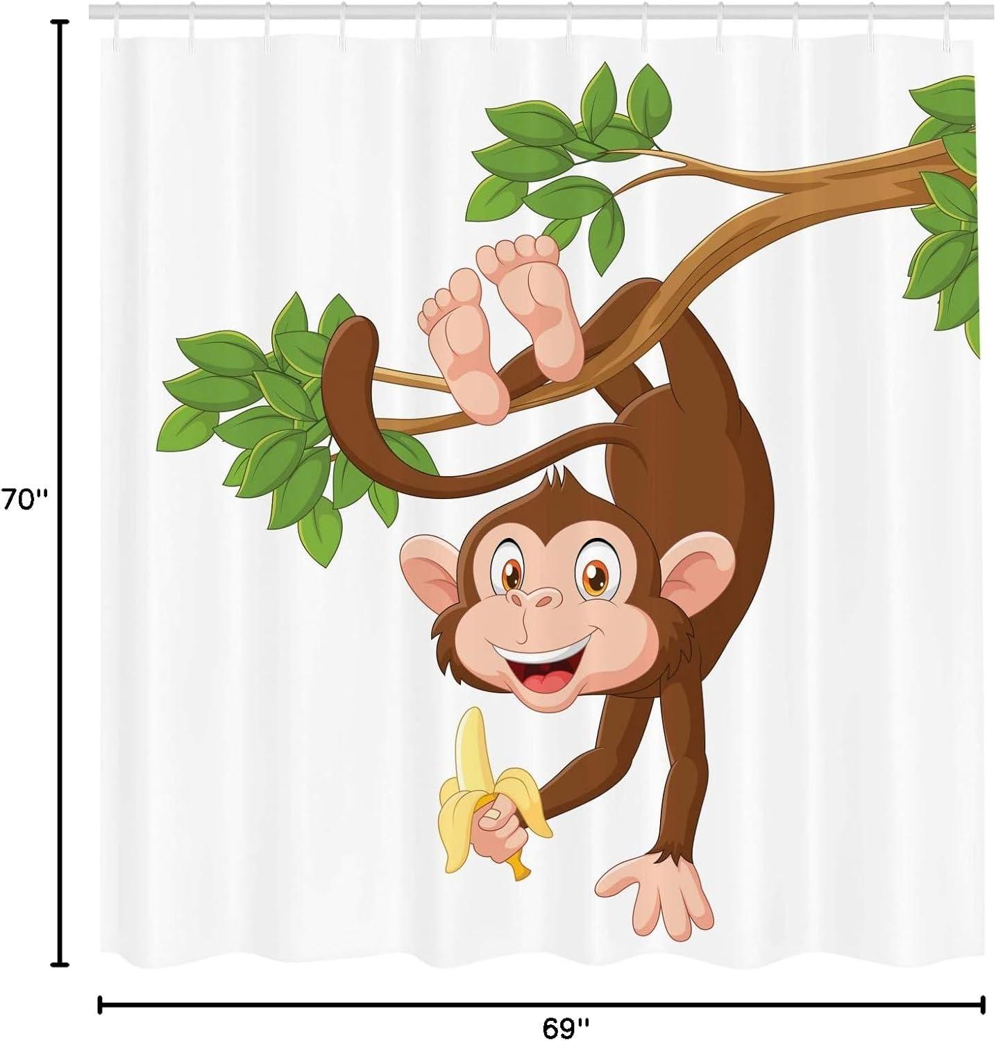 imageAmbesonne Cartoon Shower Curtain Funny Monkey Hanging from Tree and Holding Banana Jungle Animals Theme Print Cloth Fabric Bathroom Decor Set with Hooks 69 W x 70 L Chocolate White