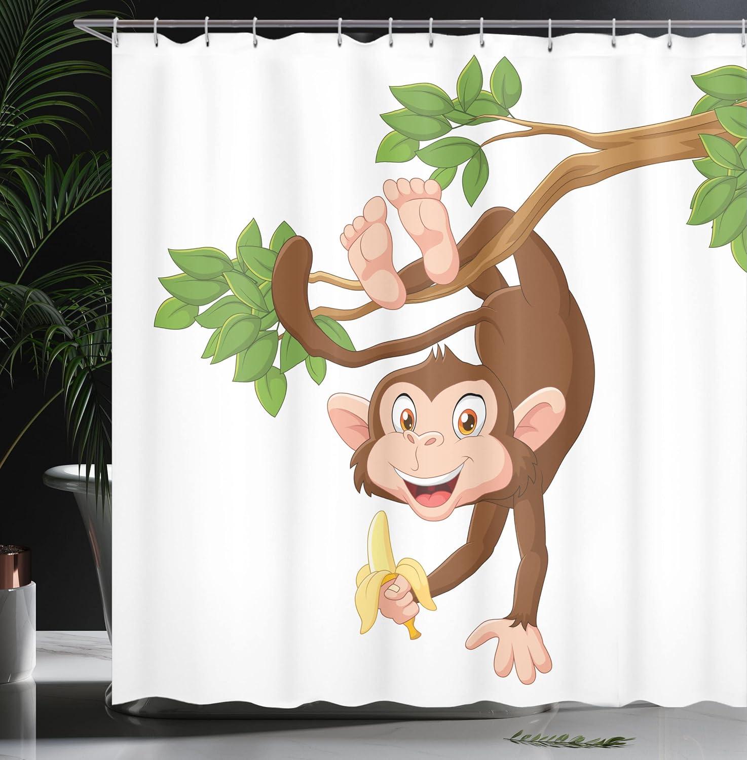 imageAmbesonne Cartoon Shower Curtain Funny Monkey Hanging from Tree and Holding Banana Jungle Animals Theme Print Cloth Fabric Bathroom Decor Set with Hooks 69 W x 70 L Chocolate White