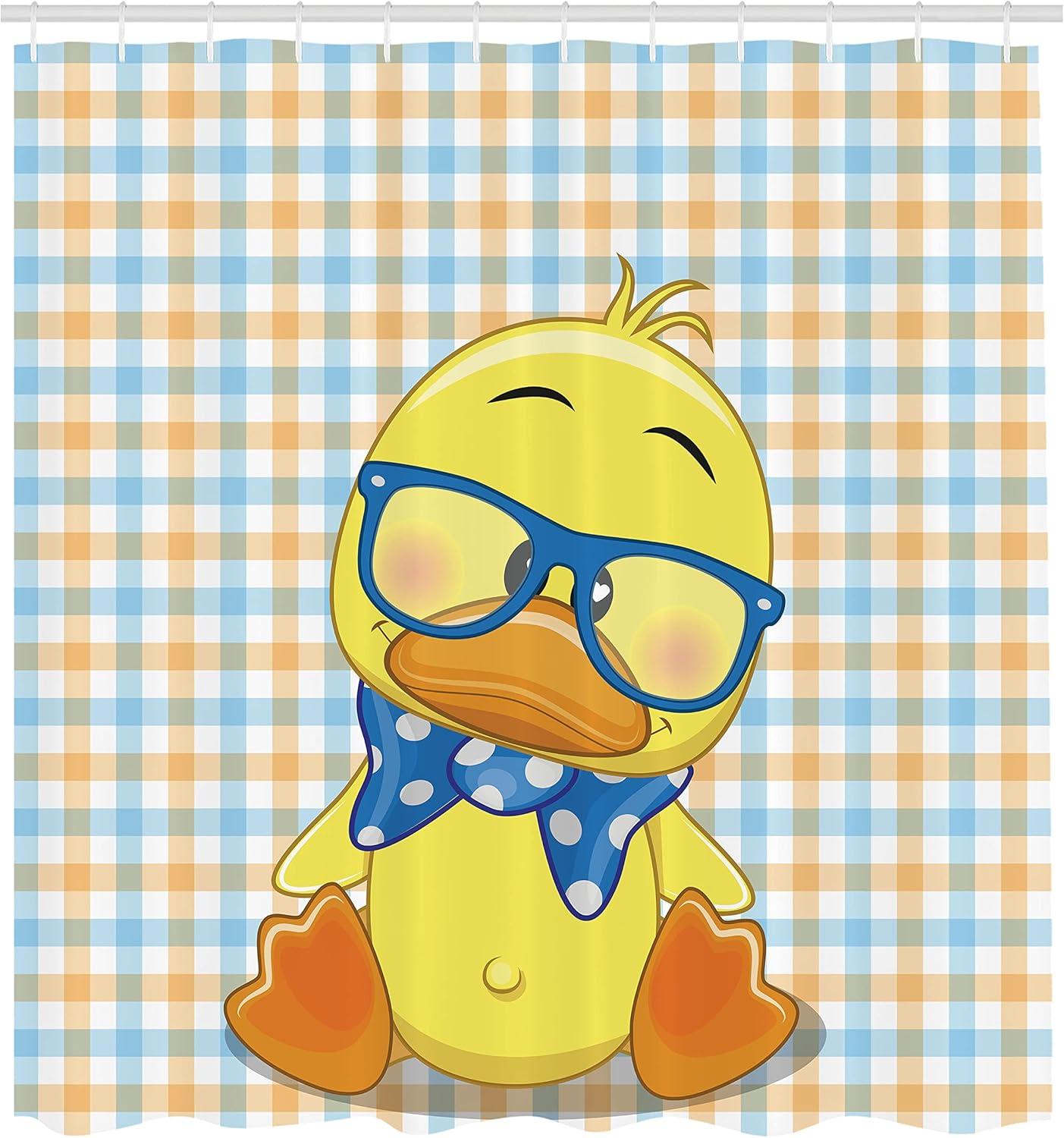 imageAmbesonne Cartoon Shower Curtain Hipster Boho Duck Dotted Bow Cool Free Smart Geese Design Cloth Fabric Bathroom Decor Set with Hooks 69 W x 75 L Orange Yellow Blue