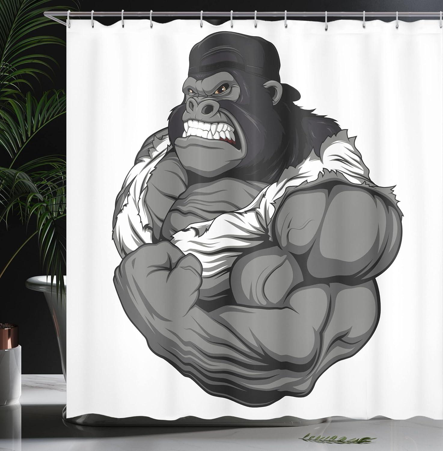 imageAmbesonne Cartoon Shower Curtain Image of Big Gorilla Like as Professional Athlete Bodybuilding Gym Animal Cloth Fabric Bathroom Decor Set with Hooks 69 W x 70 L Black White Grey