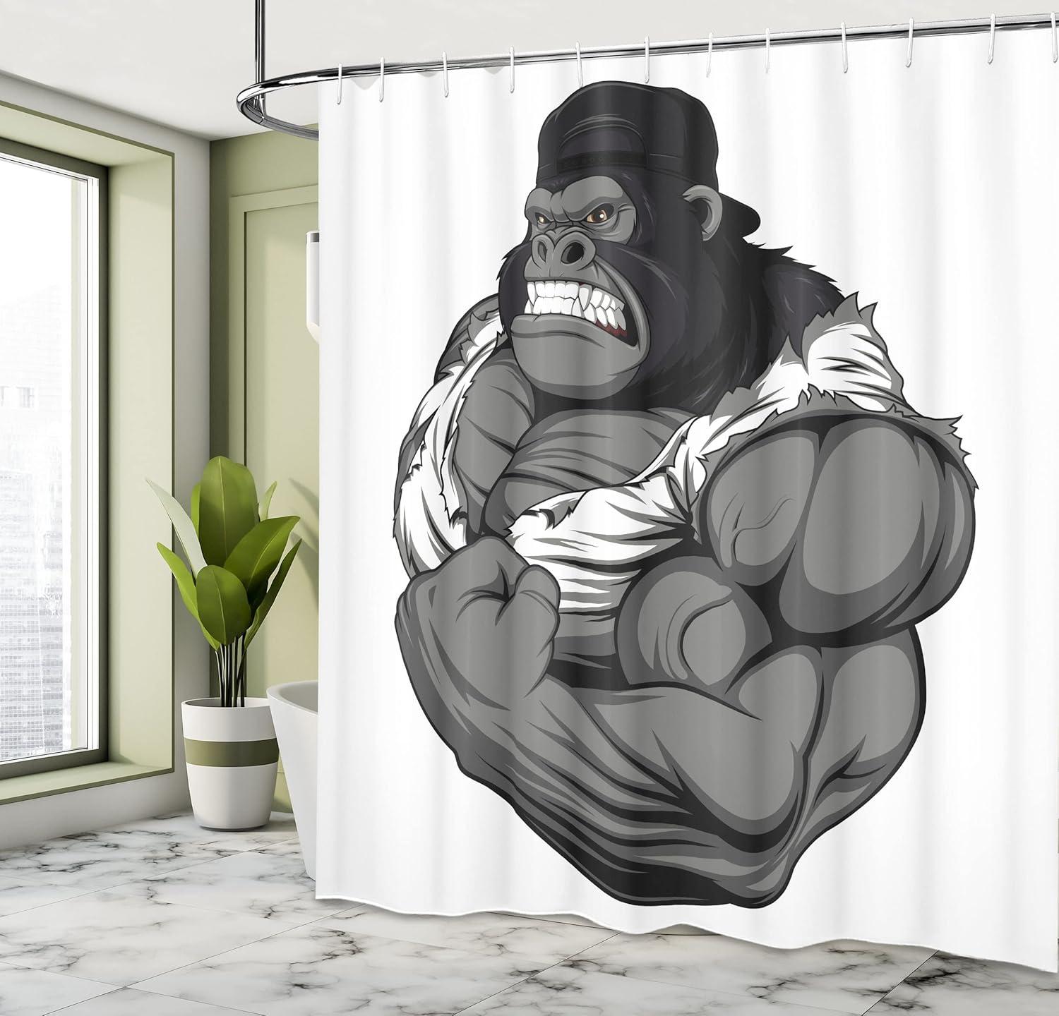 imageAmbesonne Cartoon Shower Curtain Image of Big Gorilla Like as Professional Athlete Bodybuilding Gym Animal Cloth Fabric Bathroom Decor Set with Hooks 69 W x 70 L Black White Grey