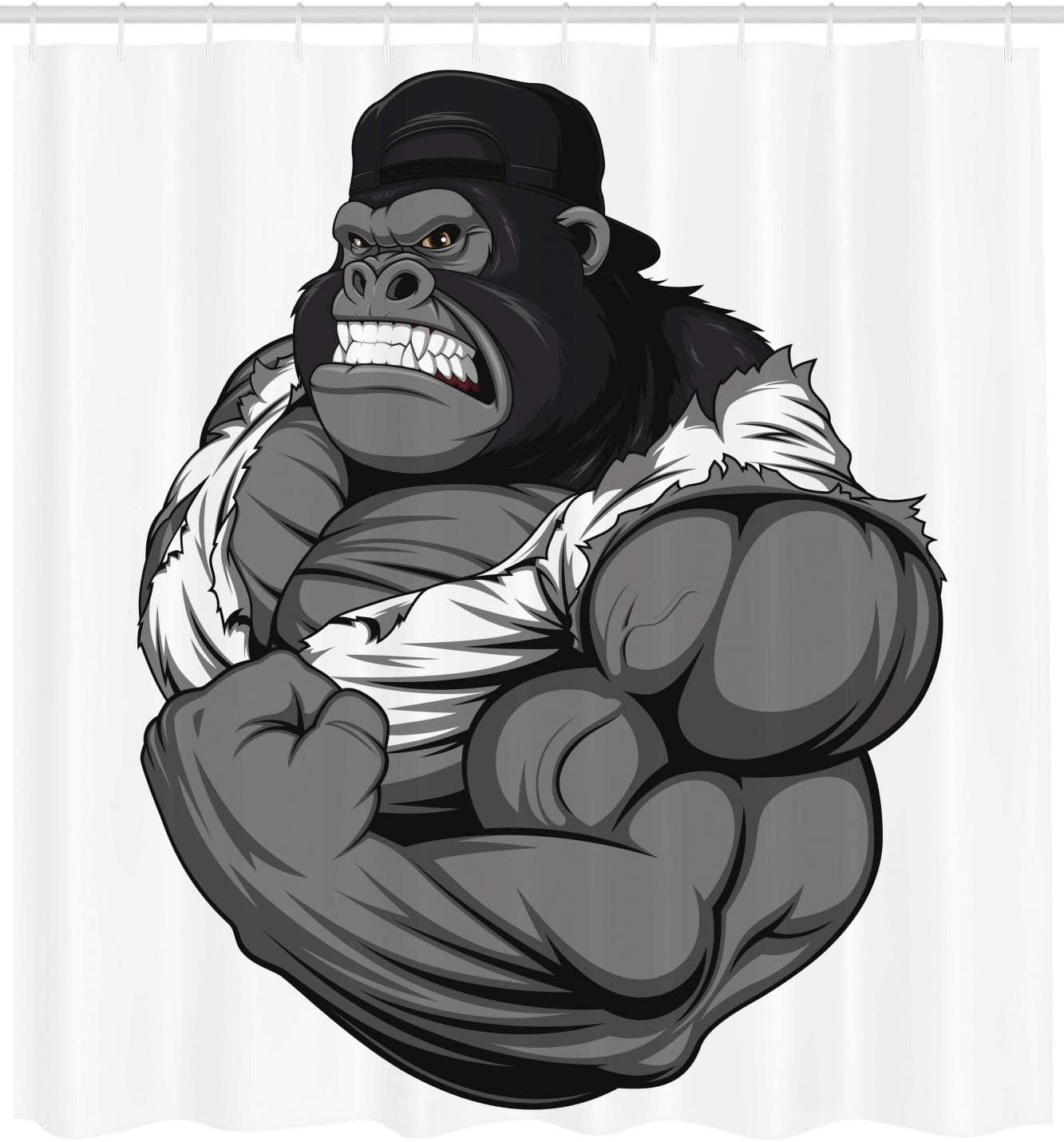 imageAmbesonne Cartoon Shower Curtain Image of Big Gorilla Like as Professional Athlete Bodybuilding Gym Animal Cloth Fabric Bathroom Decor Set with Hooks 69 W x 70 L Black White Grey