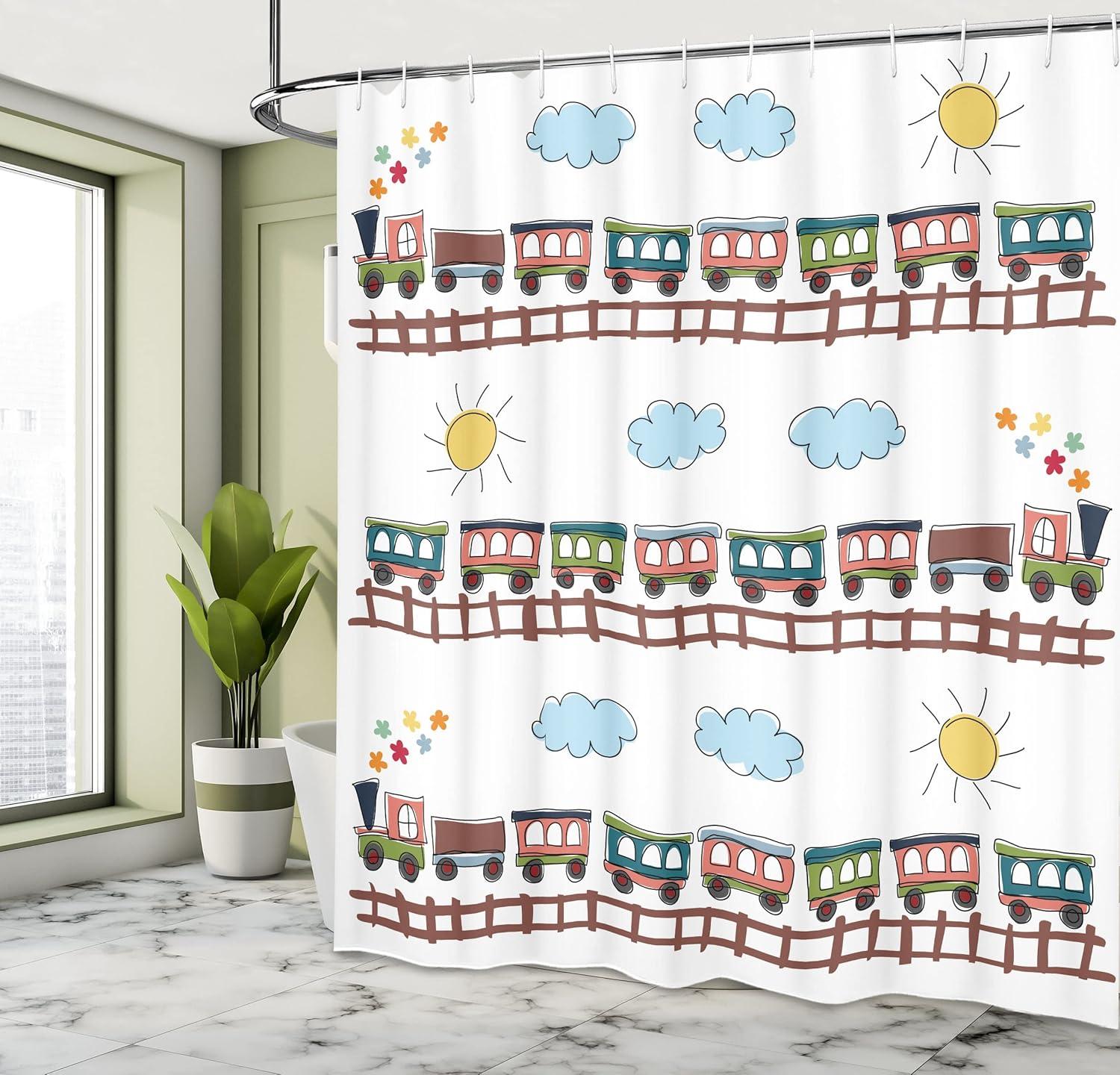 imageAmbesonne Cartoon Shower Curtain Style Train and Tracklines on Sunny Day Hand Drawn Sun and Clouds Flowers Cloth Fabric Bathroom Decor Set with Hooks 69 W x 70 L Chocolate Multicolor
