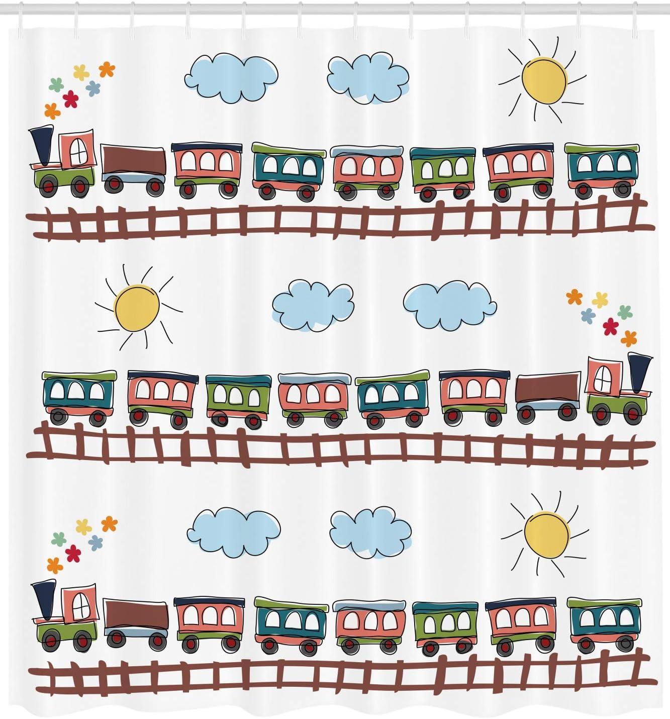 imageAmbesonne Cartoon Shower Curtain Style Train and Tracklines on Sunny Day Hand Drawn Sun and Clouds Flowers Cloth Fabric Bathroom Decor Set with Hooks 69 W x 70 L Chocolate Multicolor