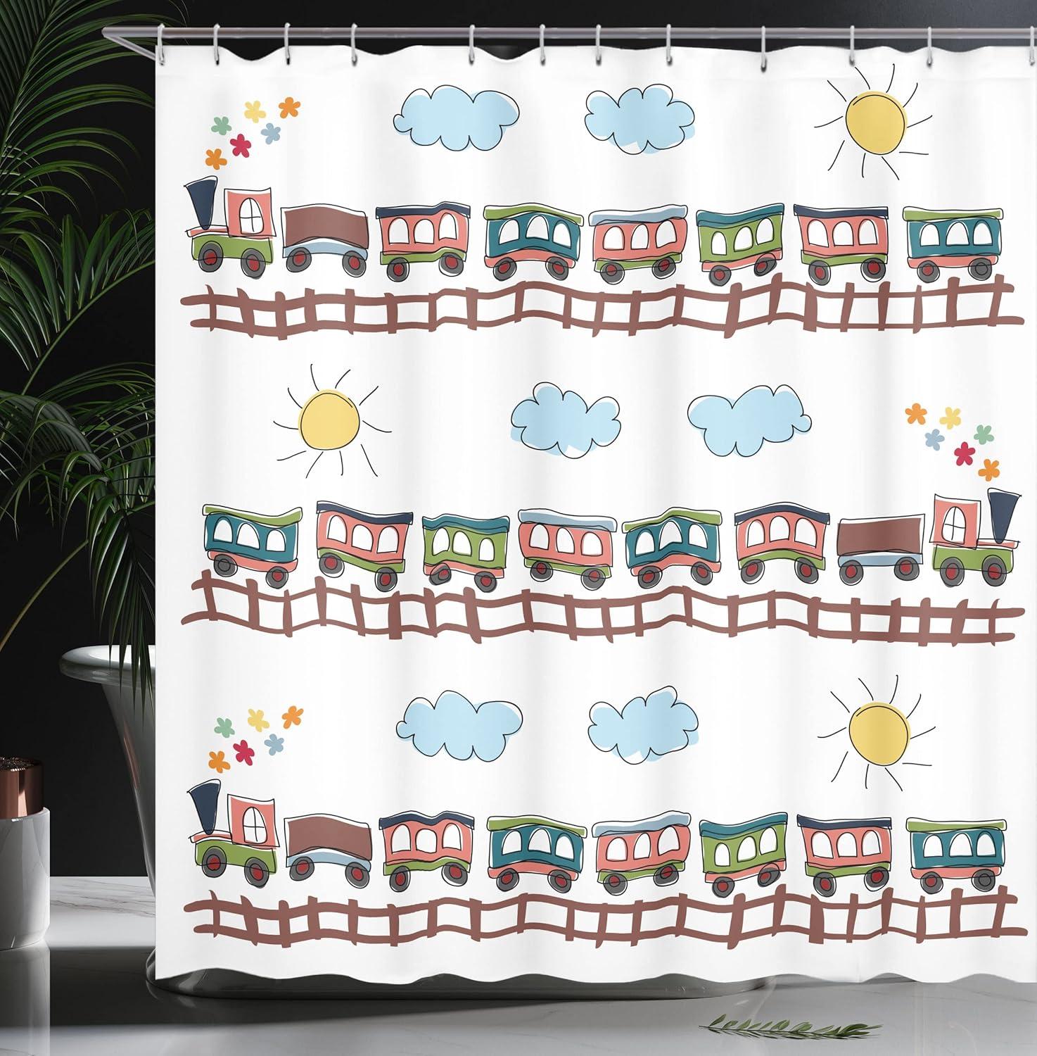 imageAmbesonne Cartoon Shower Curtain Style Train and Tracklines on Sunny Day Hand Drawn Sun and Clouds Flowers Cloth Fabric Bathroom Decor Set with Hooks 69 W x 70 L Chocolate Multicolor