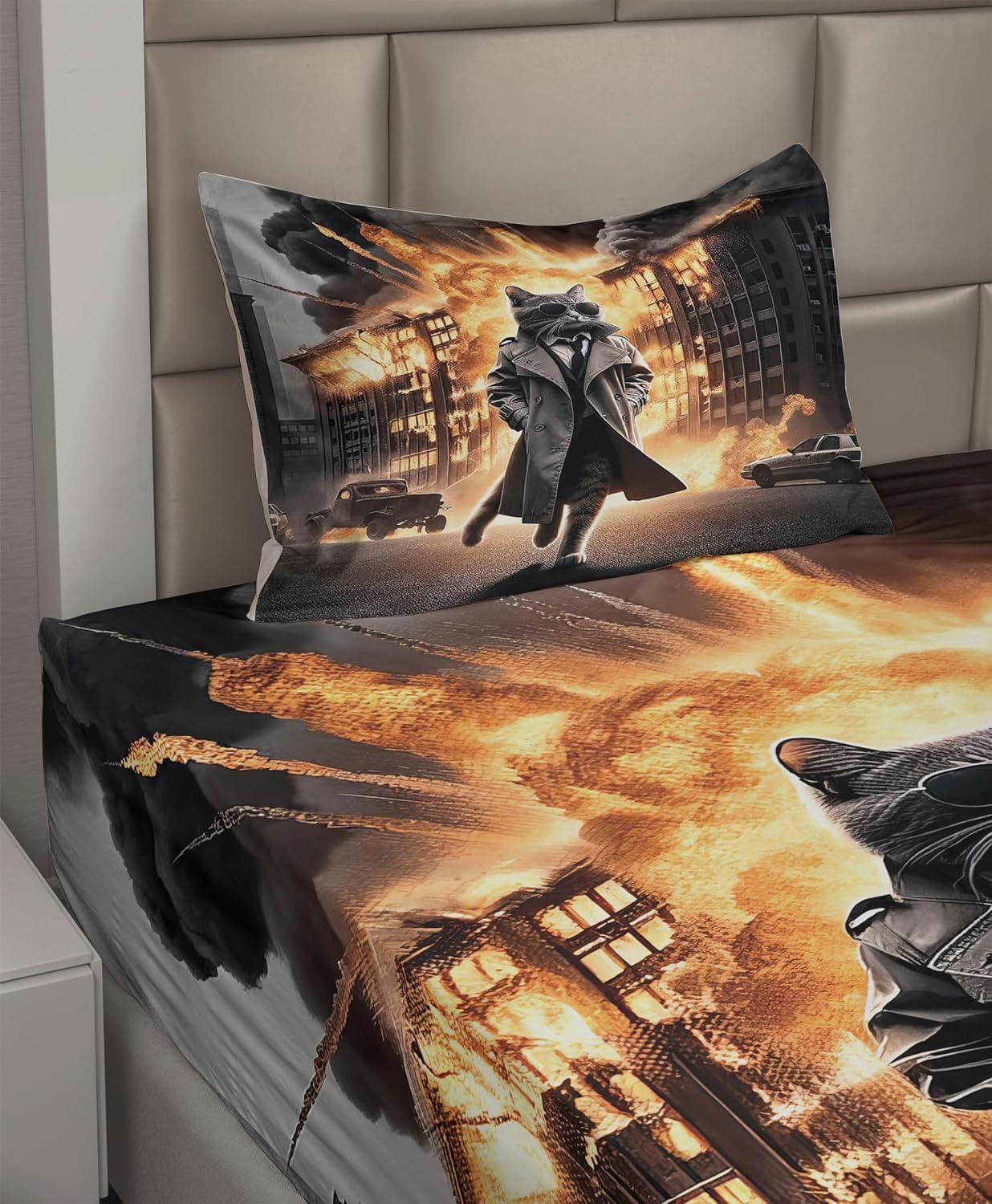 imageAmbesonne Cat Sheet Set Romantic Date Night of Kitties Drinking Milkshake Cozy Night Scene Valentines Fitted and Flat Sheet with Pillowcases Bedding Accent 4 Piece Set King Dark Blue ApricotPale Orange and Dark Grey