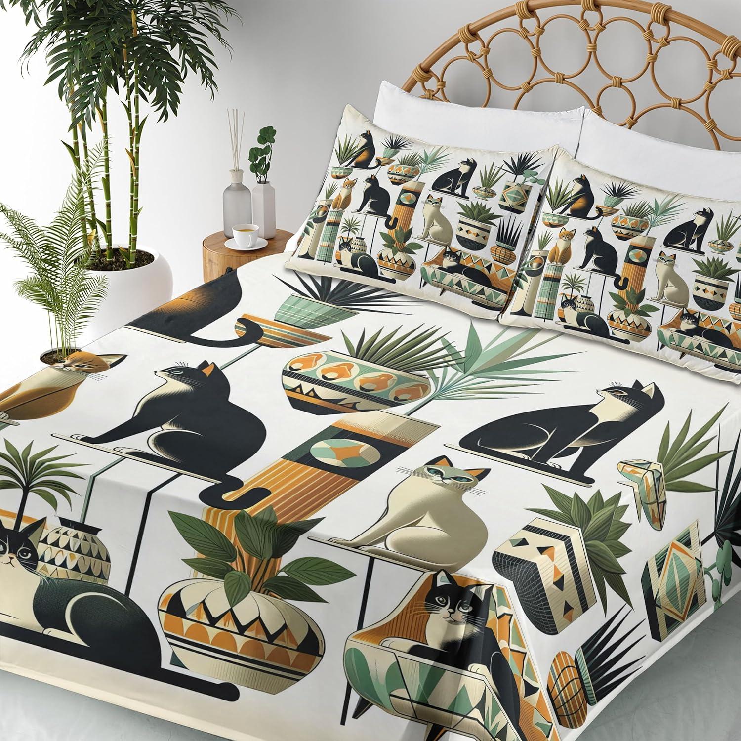 imageAmbesonne Cat Sheet Set Romantic Date Night of Kitties Drinking Milkshake Cozy Night Scene Valentines Fitted and Flat Sheet with Pillowcases Bedding Accent 4 Piece Set King Dark Blue ApricotBlack Ginger Mint Green