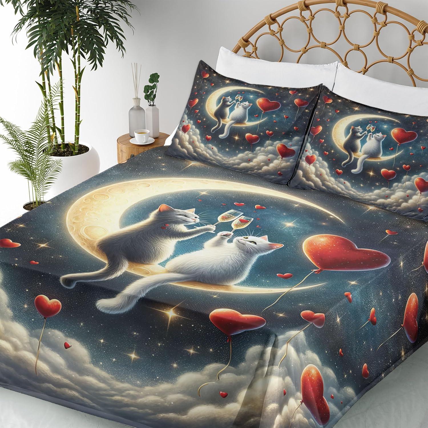 imageAmbesonne Cat Sheet Set Romantic Date Night of Kitties Drinking Milkshake Cozy Night Scene Valentines Fitted and Flat Sheet with Pillowcases Bedding Accent 4 Piece Set King Dark Blue ApricotDark Night Blue Vermilion