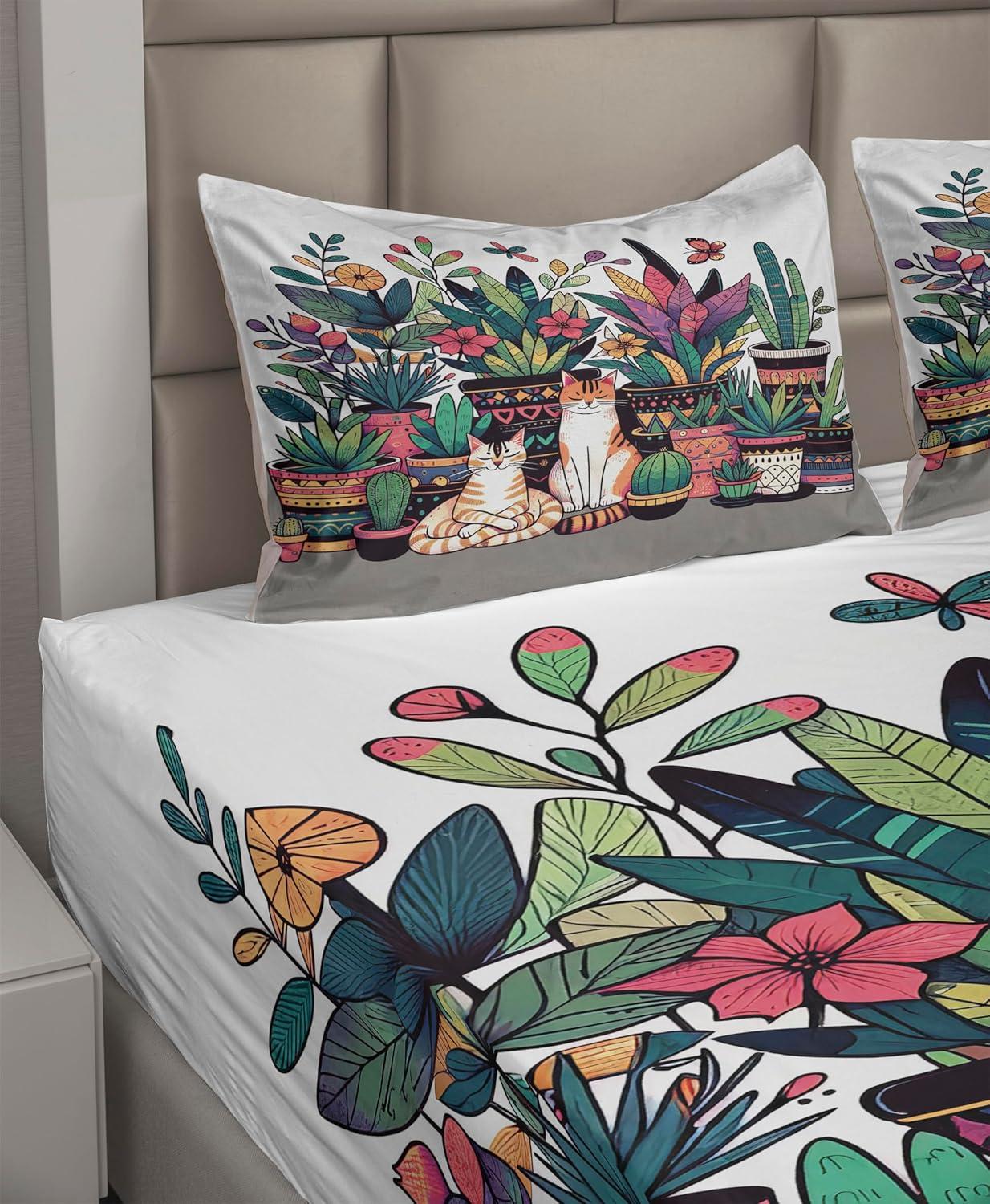 imageAmbesonne Cat Sheet Set Romantic Date Night of Kitties Drinking Milkshake Cozy Night Scene Valentines Fitted and Flat Sheet with Pillowcases Bedding Accent 4 Piece Set King Dark Blue ApricotTeal Pink and Purple