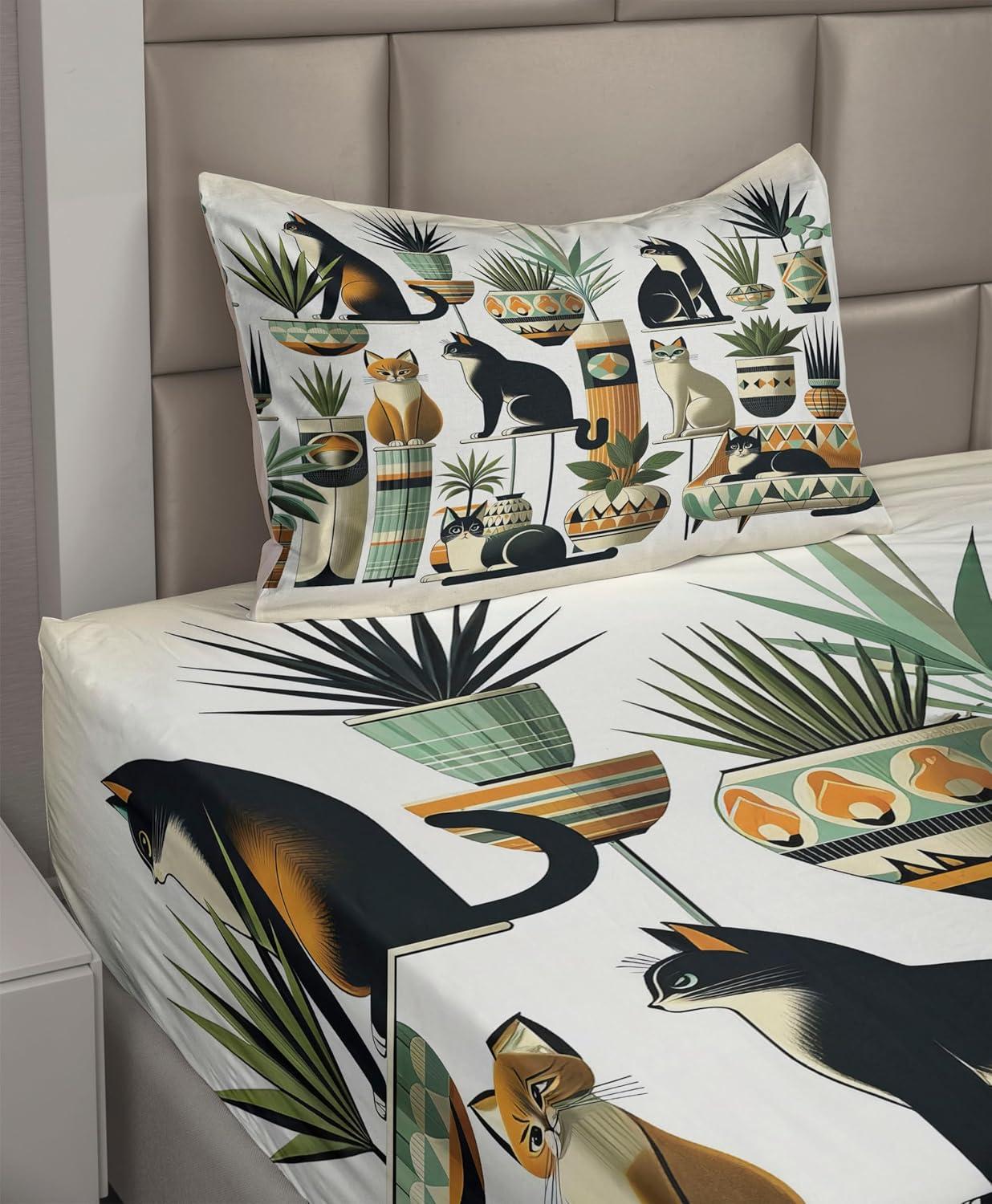 imageAmbesonne Cat Sheet Set Romantic Date Night of Kitties Drinking Milkshake Cozy Night Scene Valentines Fitted and Flat Sheet with Pillowcases Bedding Accent 4 Piece Set King Dark Blue ApricotBlack Ginger Mint Green