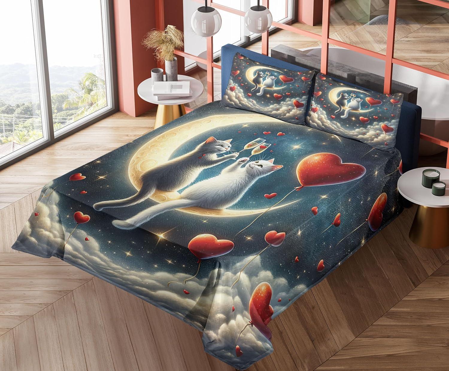 imageAmbesonne Cat Sheet Set Romantic Date Night of Kitties Drinking Milkshake Cozy Night Scene Valentines Fitted and Flat Sheet with Pillowcases Bedding Accent 4 Piece Set King Dark Blue ApricotDark Night Blue Vermilion