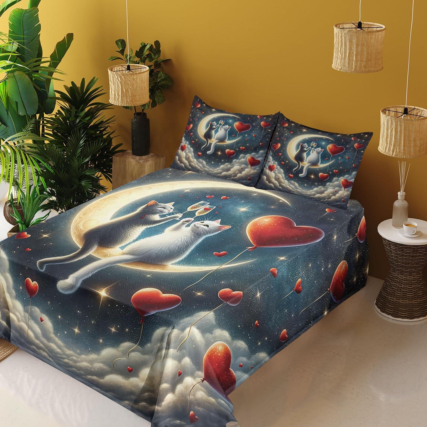 imageAmbesonne Cat Sheet Set Romantic Date Night of Kitties Drinking Milkshake Cozy Night Scene Valentines Fitted and Flat Sheet with Pillowcases Bedding Accent 4 Piece Set King Dark Blue ApricotDark Night Blue Vermilion