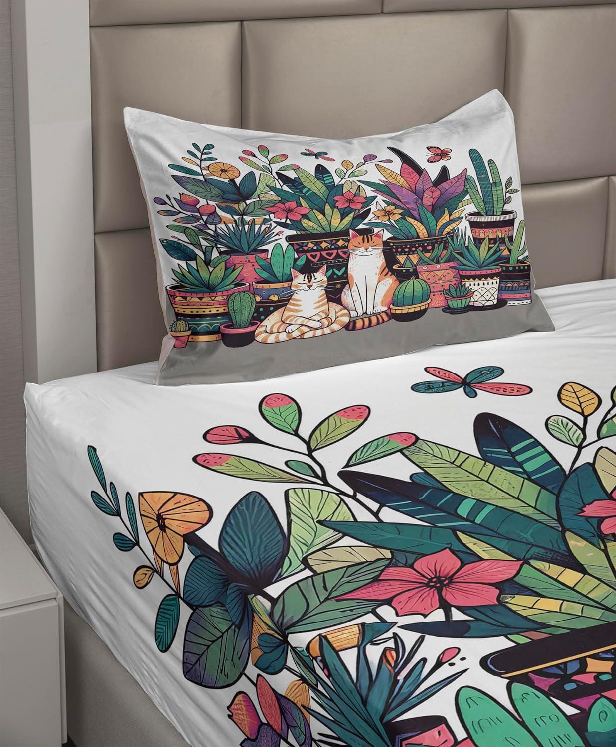 imageAmbesonne Cat Sheet Set Romantic Date Night of Kitties Drinking Milkshake Cozy Night Scene Valentines Fitted and Flat Sheet with Pillowcases Bedding Accent 4 Piece Set King Dark Blue ApricotTeal Pink and Purple