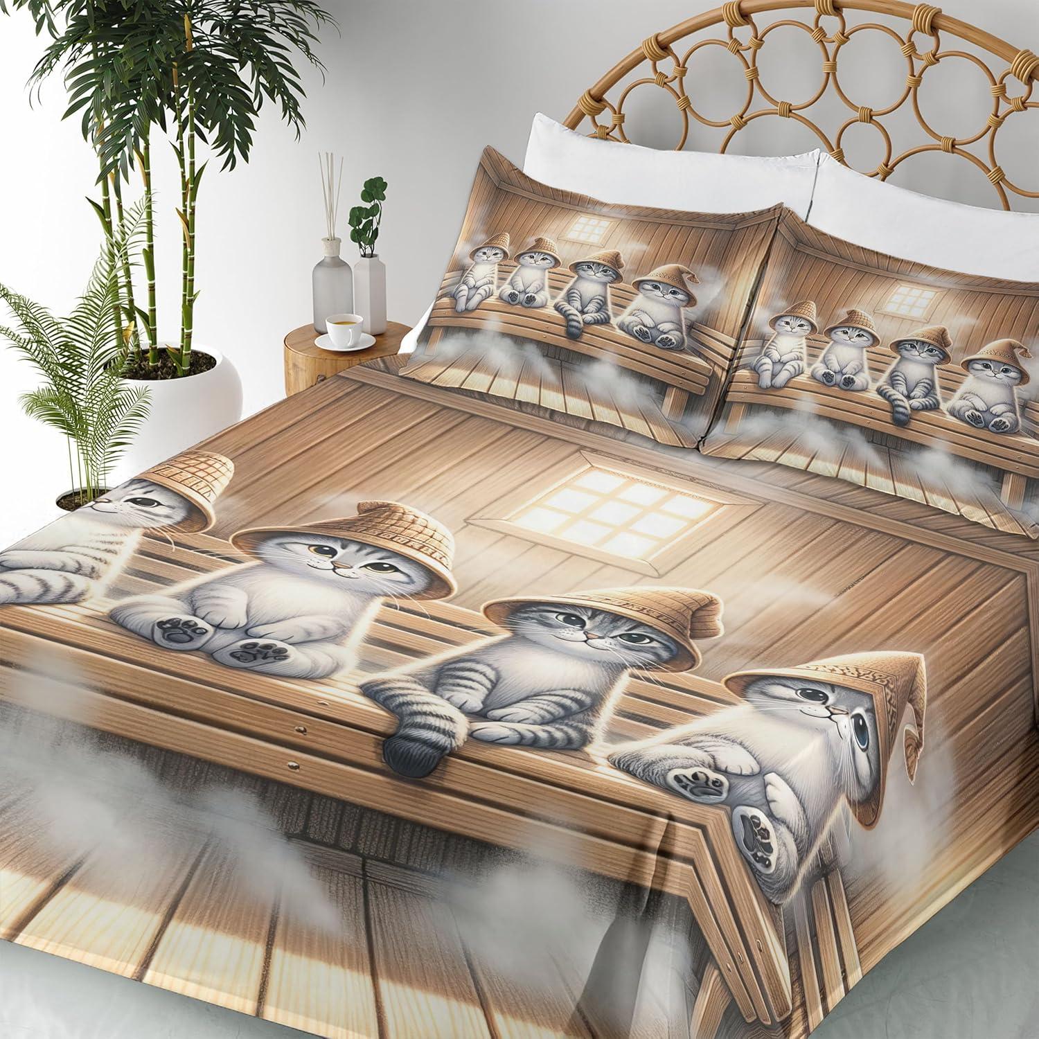 imageAmbesonne Cat Sheet Set Romantic Date Night of Kitties Drinking Milkshake Cozy Night Scene Valentines Fitted and Flat Sheet with Pillowcases Bedding Accent 4 Piece Set King Dark Blue ApricotPastel Brown and Pale Grey