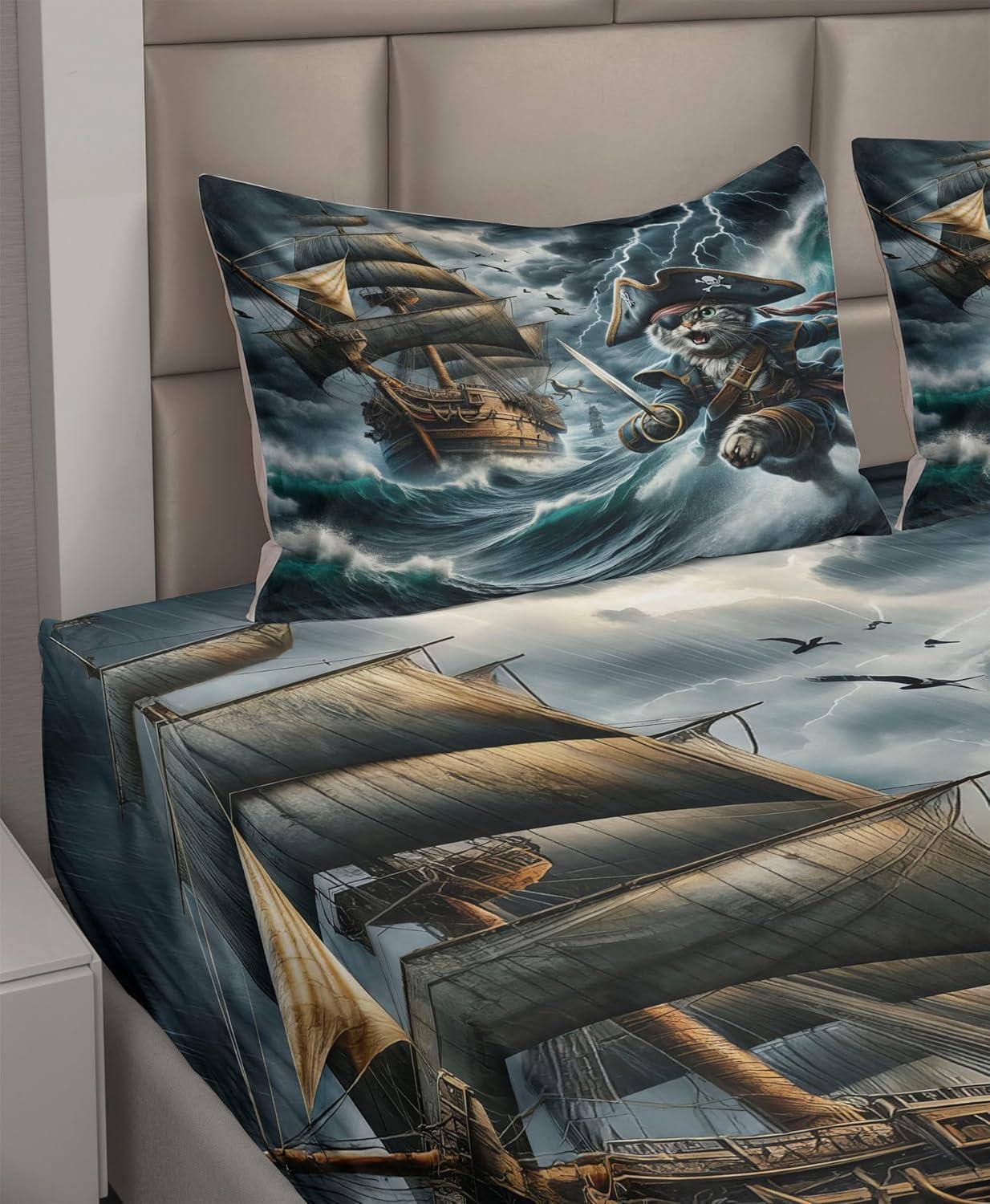 imageAmbesonne Cat Sheet Set Romantic Date Night of Kitties Drinking Milkshake Cozy Night Scene Valentines Fitted and Flat Sheet with Pillowcases Bedding Accent 4 Piece Set King Dark Blue ApricotDark Slate Blue and Amber