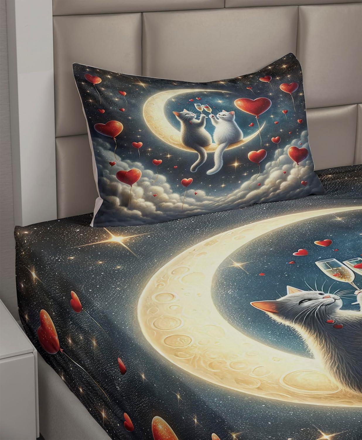imageAmbesonne Cat Sheet Set Romantic Date Night of Kitties Drinking Milkshake Cozy Night Scene Valentines Fitted and Flat Sheet with Pillowcases Bedding Accent 4 Piece Set King Dark Blue ApricotDark Night Blue Vermilion