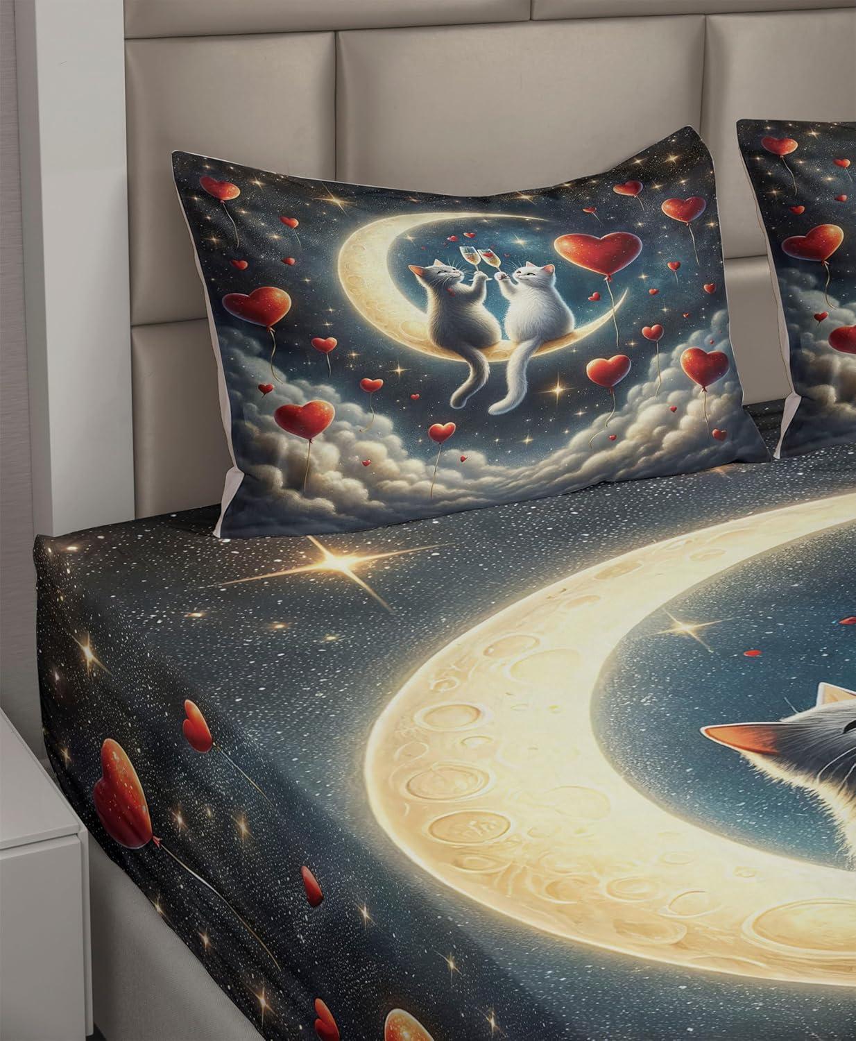 imageAmbesonne Cat Sheet Set Romantic Date Night of Kitties Drinking Milkshake Cozy Night Scene Valentines Fitted and Flat Sheet with Pillowcases Bedding Accent 4 Piece Set King Dark Blue ApricotDark Night Blue Vermilion
