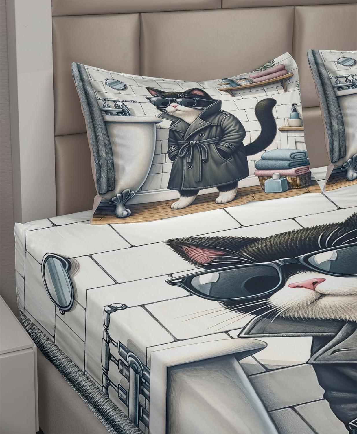 imageAmbesonne Cat Sheet Set Romantic Date Night of Kitties Drinking Milkshake Cozy Night Scene Valentines Fitted and Flat Sheet with Pillowcases Bedding Accent 4 Piece Set King Dark Blue ApricotCharcoal Grey White