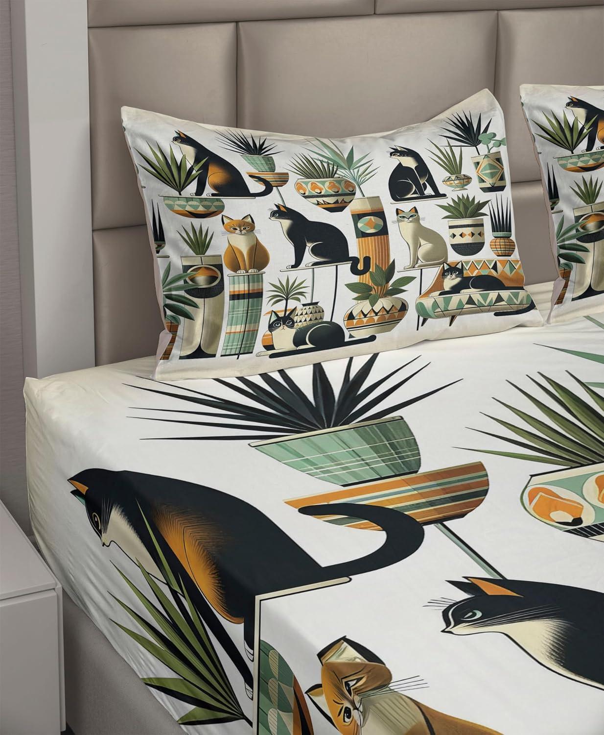 imageAmbesonne Cat Sheet Set Romantic Date Night of Kitties Drinking Milkshake Cozy Night Scene Valentines Fitted and Flat Sheet with Pillowcases Bedding Accent 4 Piece Set King Dark Blue ApricotBlack Ginger Mint Green