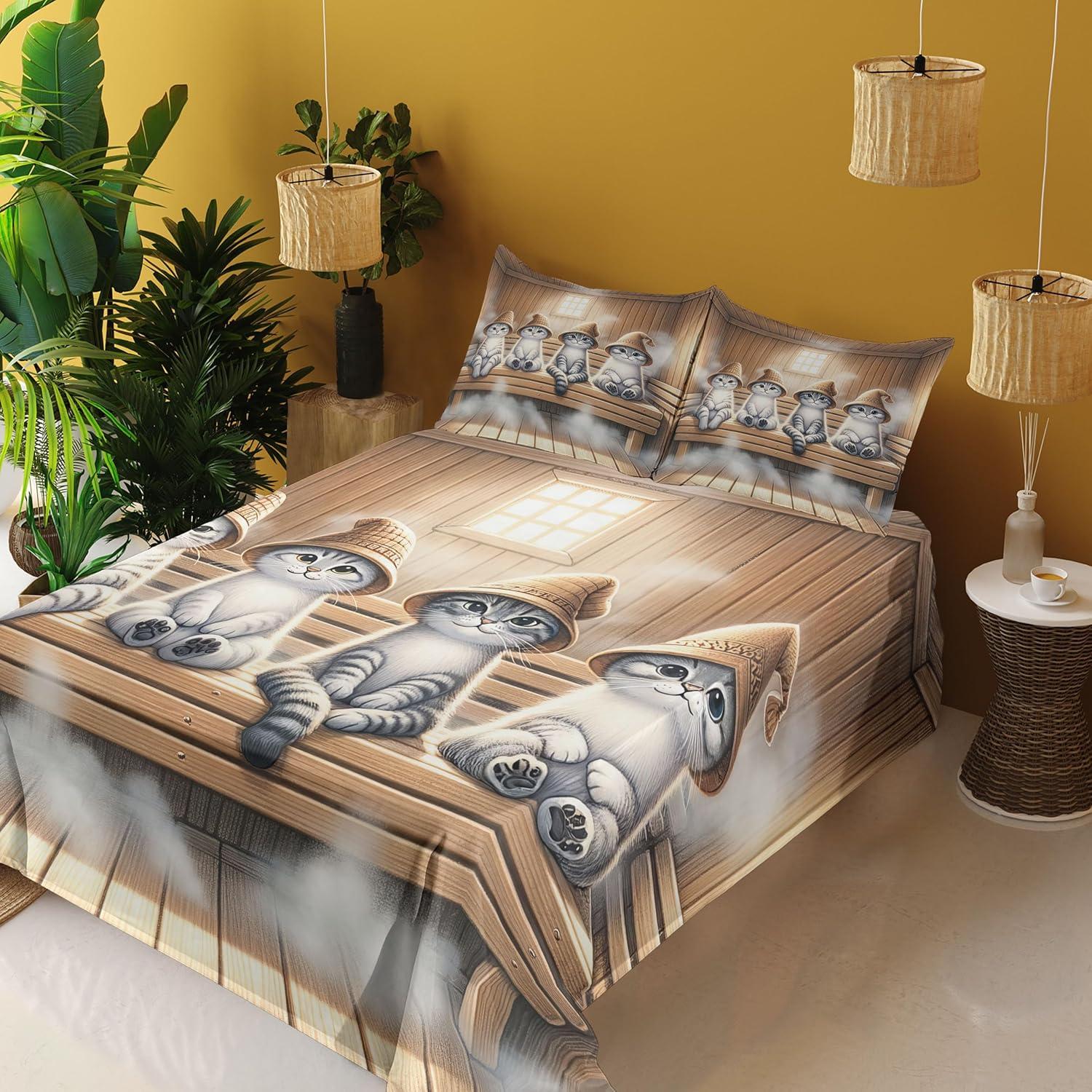 imageAmbesonne Cat Sheet Set Romantic Date Night of Kitties Drinking Milkshake Cozy Night Scene Valentines Fitted and Flat Sheet with Pillowcases Bedding Accent 4 Piece Set King Dark Blue ApricotPastel Brown and Pale Grey