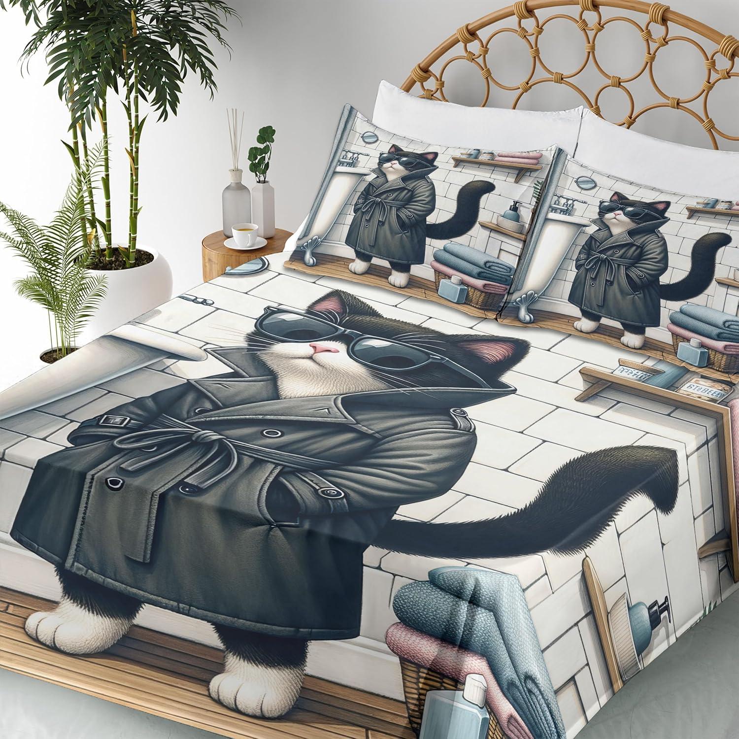 imageAmbesonne Cat Sheet Set Romantic Date Night of Kitties Drinking Milkshake Cozy Night Scene Valentines Fitted and Flat Sheet with Pillowcases Bedding Accent 4 Piece Set King Dark Blue ApricotCharcoal Grey White