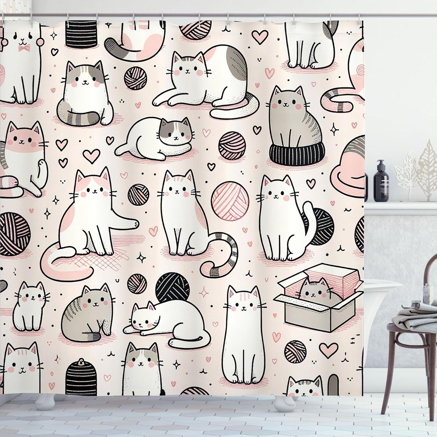 imageAmbesonne Cat Shower Curtain Simplistic Drawn Kitties Sitting Laying with Pastel Colors Cartoon Illustration Cloth Fabric Bathroom Decor Set with Hooks 69 W x 84 L Rose and Pale Grey