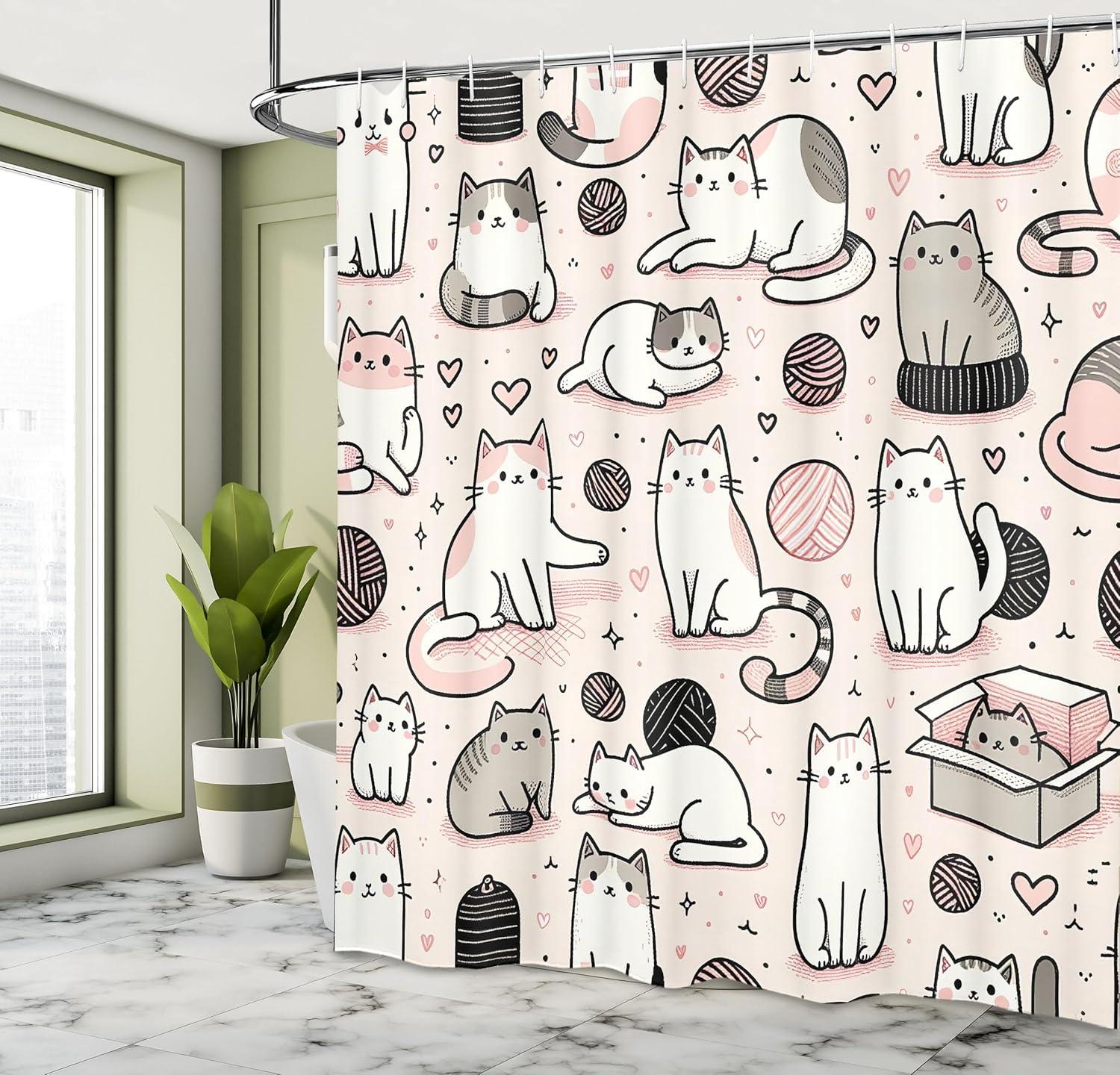 imageAmbesonne Cat Shower Curtain Simplistic Drawn Kitties Sitting Laying with Pastel Colors Cartoon Illustration Cloth Fabric Bathroom Decor Set with Hooks 69 W x 84 L Rose and Pale Grey