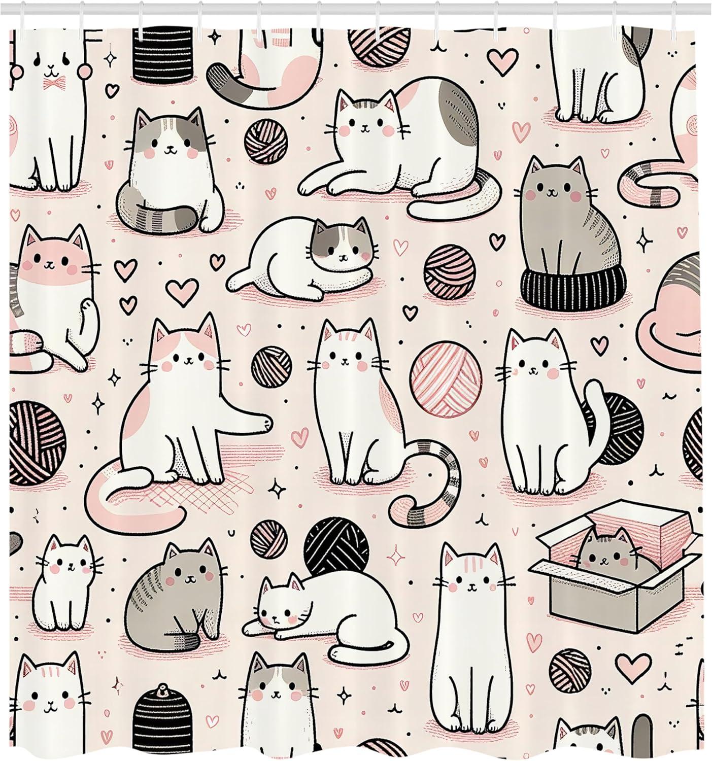 imageAmbesonne Cat Shower Curtain Simplistic Drawn Kitties Sitting Laying with Pastel Colors Cartoon Illustration Cloth Fabric Bathroom Decor Set with Hooks 69 W x 84 L Rose and Pale Grey