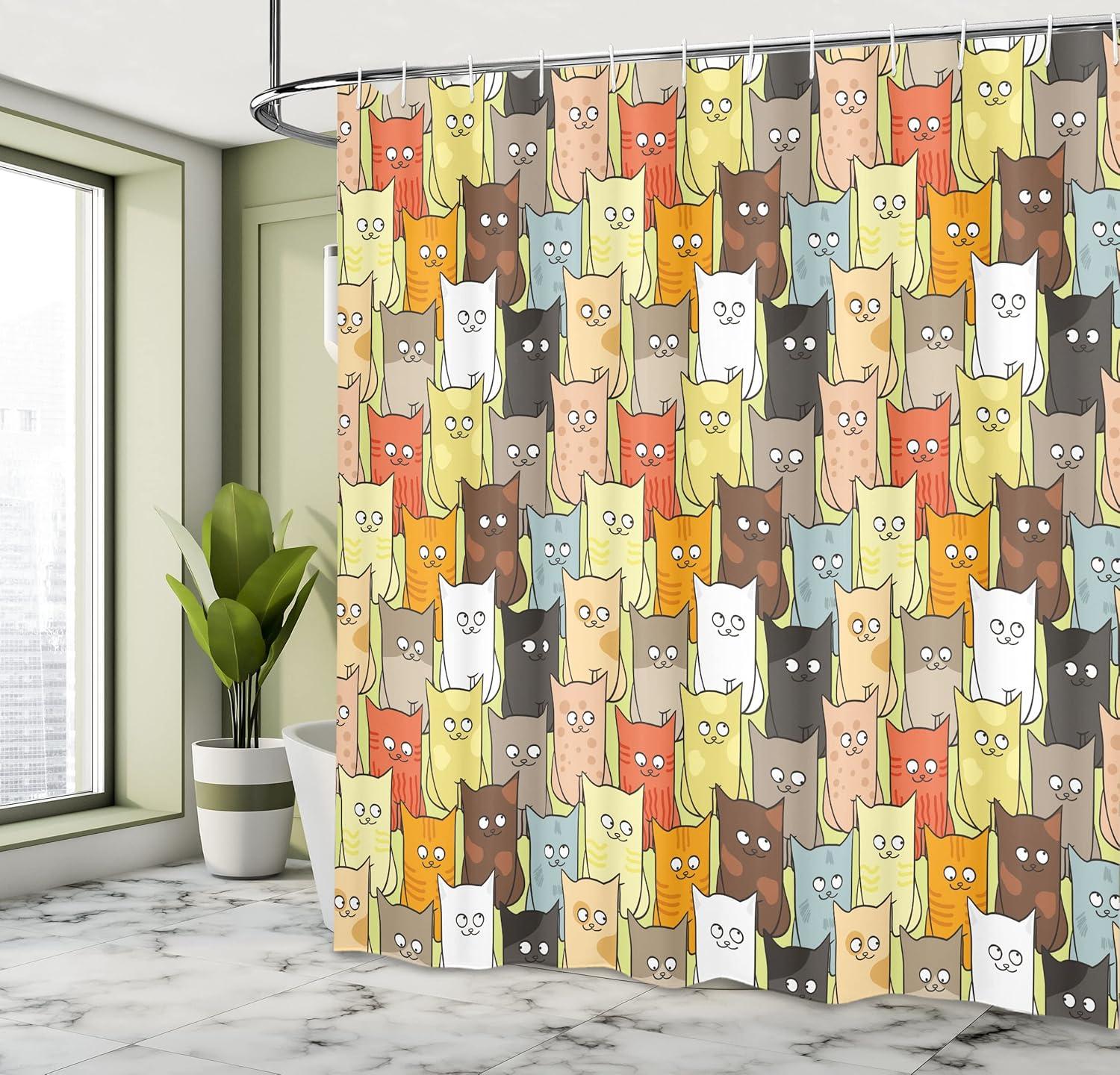 imageAmbesonne Cats Shower Curtain Funny Colorful Graphic Kittens Cartoon Style Boys Girls Playroom Cloth Fabric Bathroom Decor Set with Hooks 69 W x 70 L Pastel Pink Grey