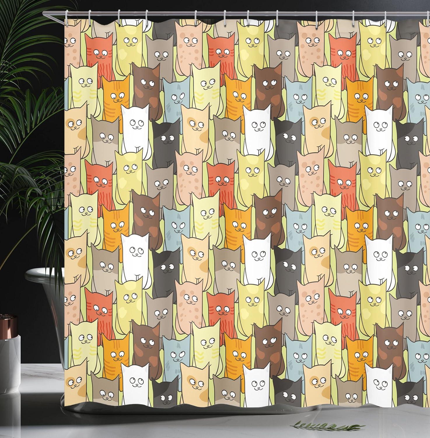 imageAmbesonne Cats Shower Curtain Funny Colorful Graphic Kittens Cartoon Style Boys Girls Playroom Cloth Fabric Bathroom Decor Set with Hooks 69 W x 70 L Pastel Pink Grey