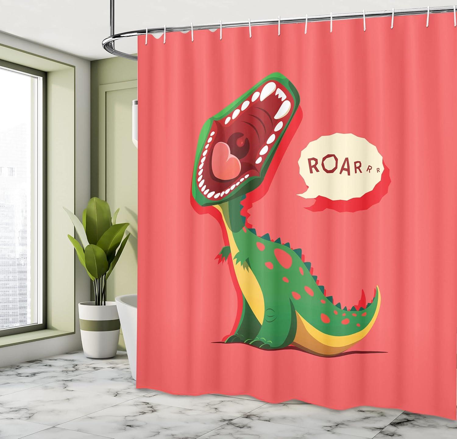 imageAmbesonne Dinosaur Shower Curtain Aggressive Prehistoric Cartoon Animal Roaring Open Mouth Wildlife Image Cloth Fabric Bathroom Decor Set with Hooks 69 W x 70 L Coral Green Yellow