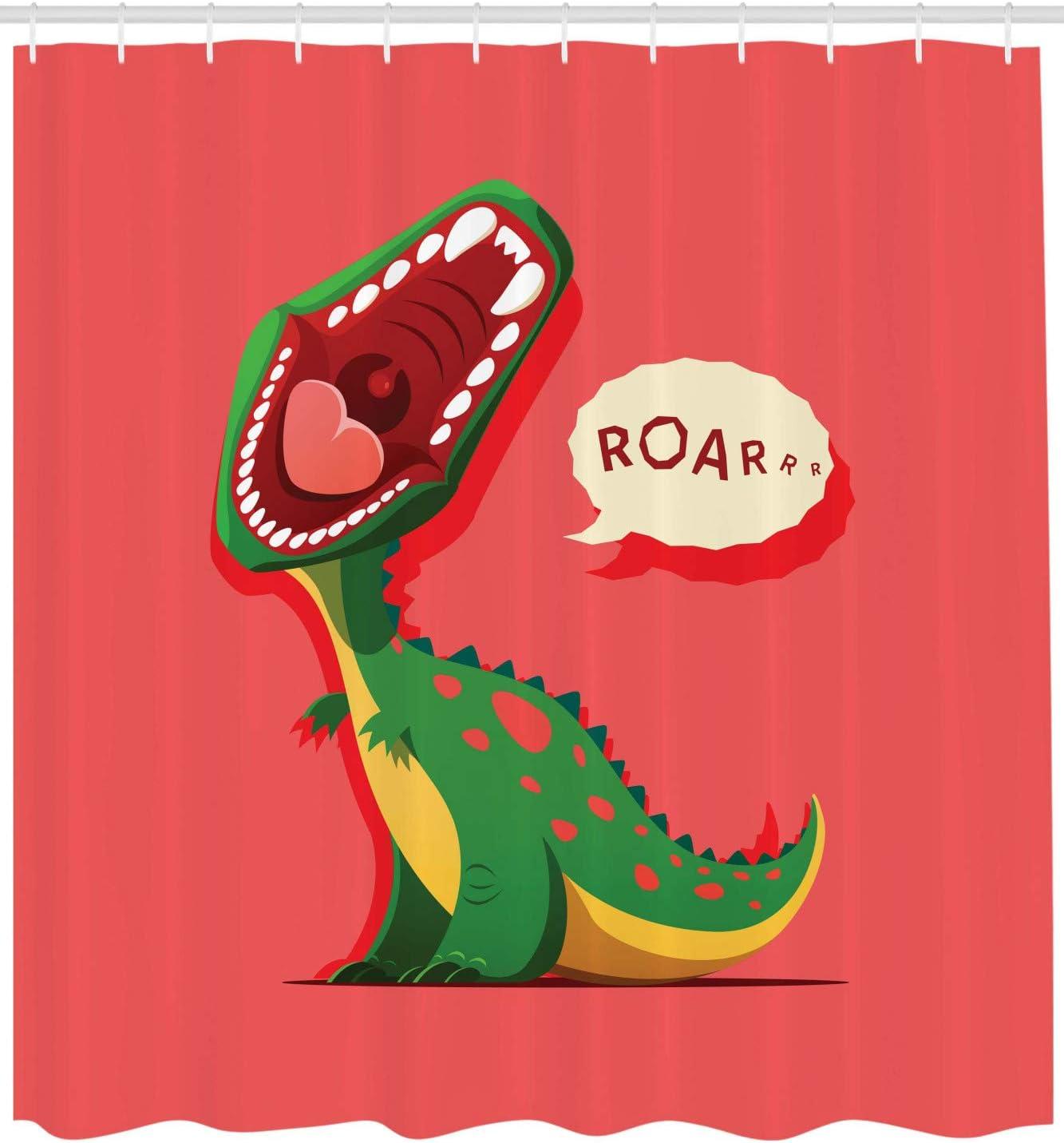 imageAmbesonne Dinosaur Shower Curtain Aggressive Prehistoric Cartoon Animal Roaring Open Mouth Wildlife Image Cloth Fabric Bathroom Decor Set with Hooks 69 W x 70 L Coral Green Yellow
