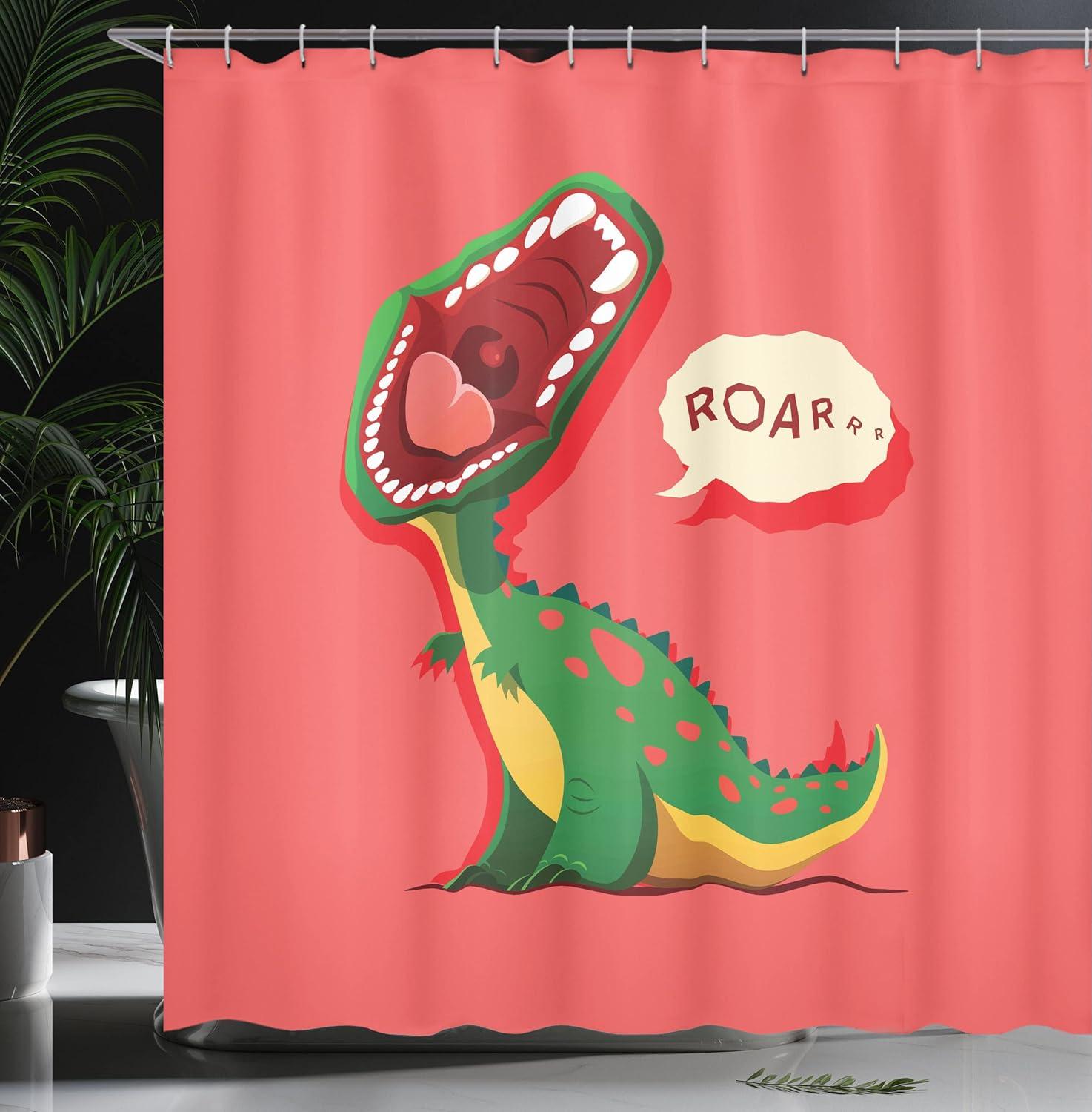 imageAmbesonne Dinosaur Shower Curtain Aggressive Prehistoric Cartoon Animal Roaring Open Mouth Wildlife Image Cloth Fabric Bathroom Decor Set with Hooks 69 W x 70 L Coral Green Yellow