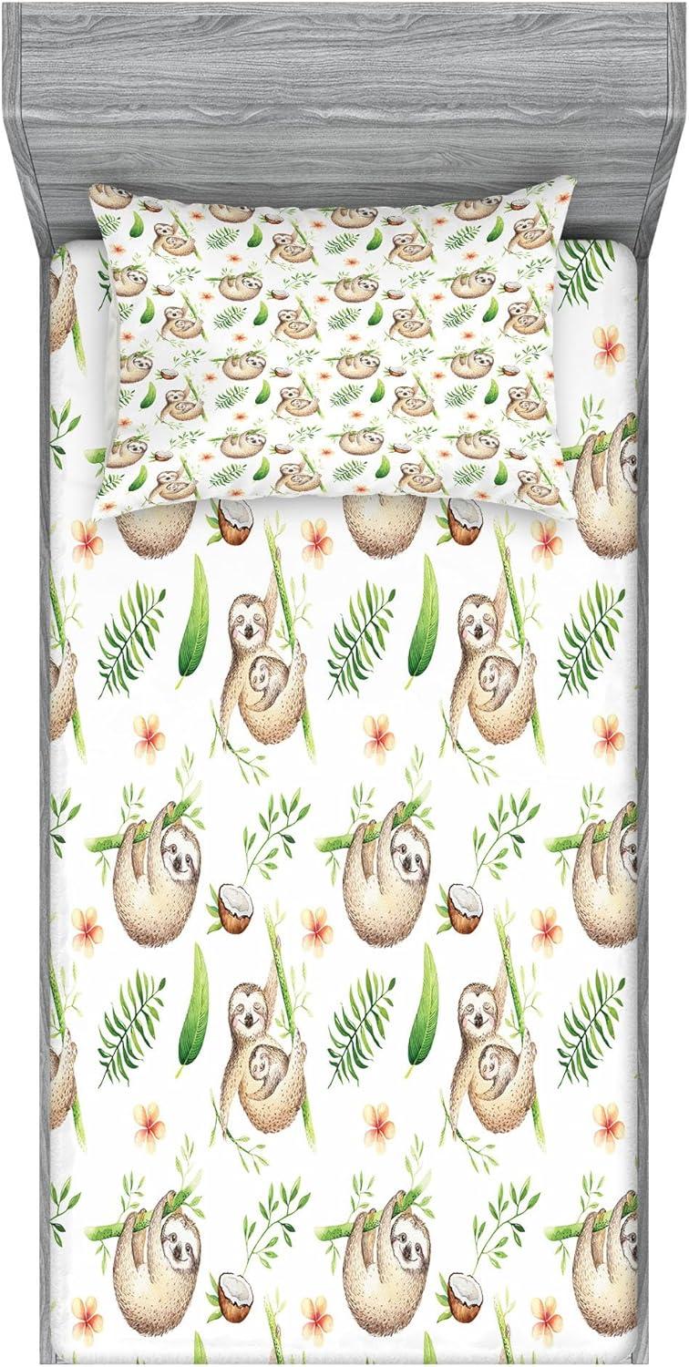 imageAmbesonne Dragon Fitted Sheet amp Pillow Sham Set Cartoon Style Design for Animal Pattern Colorful Dragons Art Print Decorative Printed 2 Piece Bedding Decor Set Twin Aqua WhitePale Brown Green