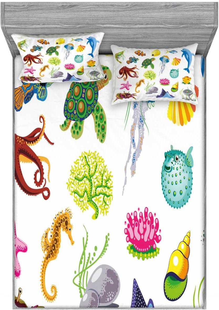 imageAmbesonne Dragon Fitted Sheet amp Pillow Sham Set Cartoon Style Design for Animal Pattern Colorful Dragons Art Print Decorative Printed 2 Piece Bedding Decor Set Twin Aqua WhiteBlue Green