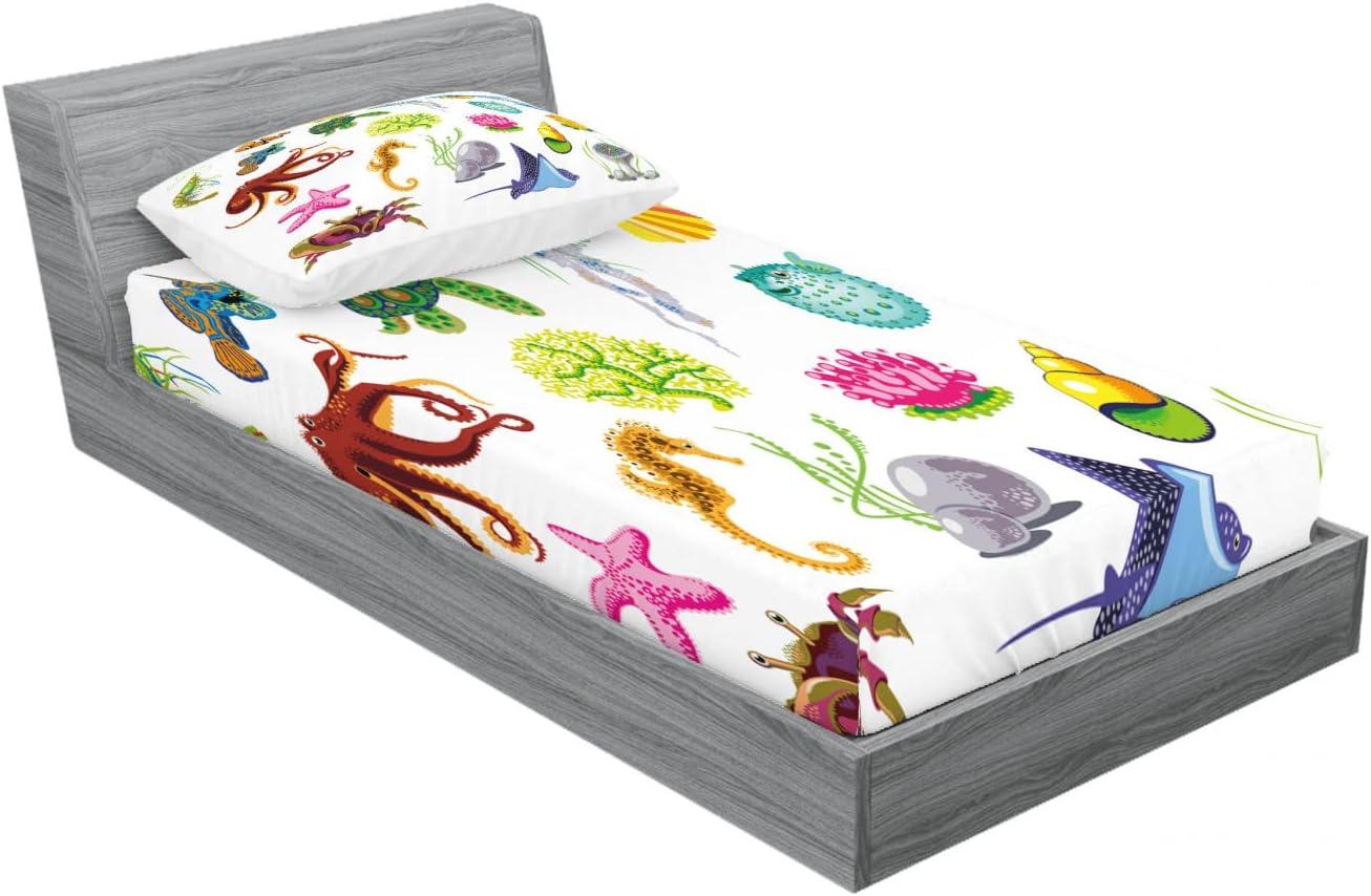 imageAmbesonne Dragon Fitted Sheet amp Pillow Sham Set Cartoon Style Design for Animal Pattern Colorful Dragons Art Print Decorative Printed 2 Piece Bedding Decor Set Twin Aqua WhiteBlue Green