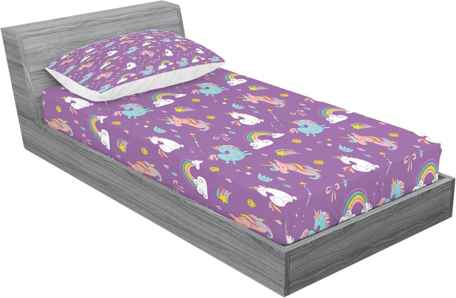imageAmbesonne Dragon Fitted Sheet amp Pillow Sham Set Cartoon Style Design for Animal Pattern Colorful Dragons Art Print Decorative Printed 2 Piece Bedding Decor Set Twin Aqua WhiteViolet
