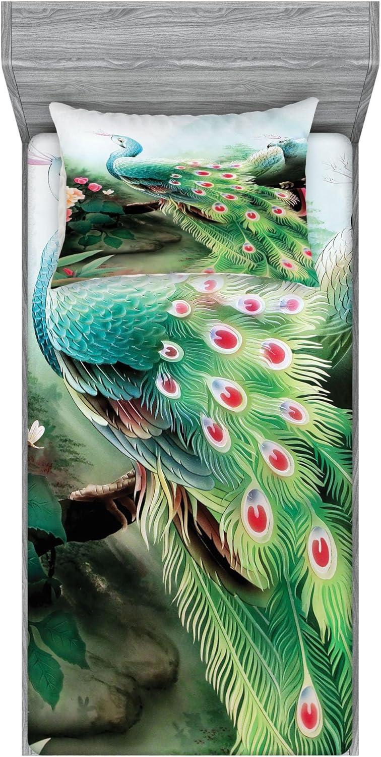 imageAmbesonne Dragon Fitted Sheet amp Pillow Sham Set Cartoon Style Design for Animal Pattern Colorful Dragons Art Print Decorative Printed 2 Piece Bedding Decor Set Twin Aqua WhiteFuchsia