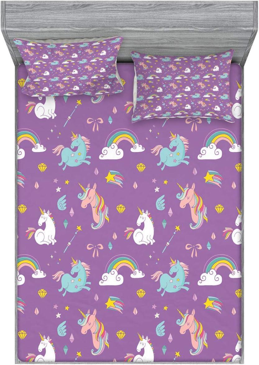 imageAmbesonne Dragon Fitted Sheet amp Pillow Sham Set Cartoon Style Design for Animal Pattern Colorful Dragons Art Print Decorative Printed 2 Piece Bedding Decor Set Twin Aqua WhiteViolet