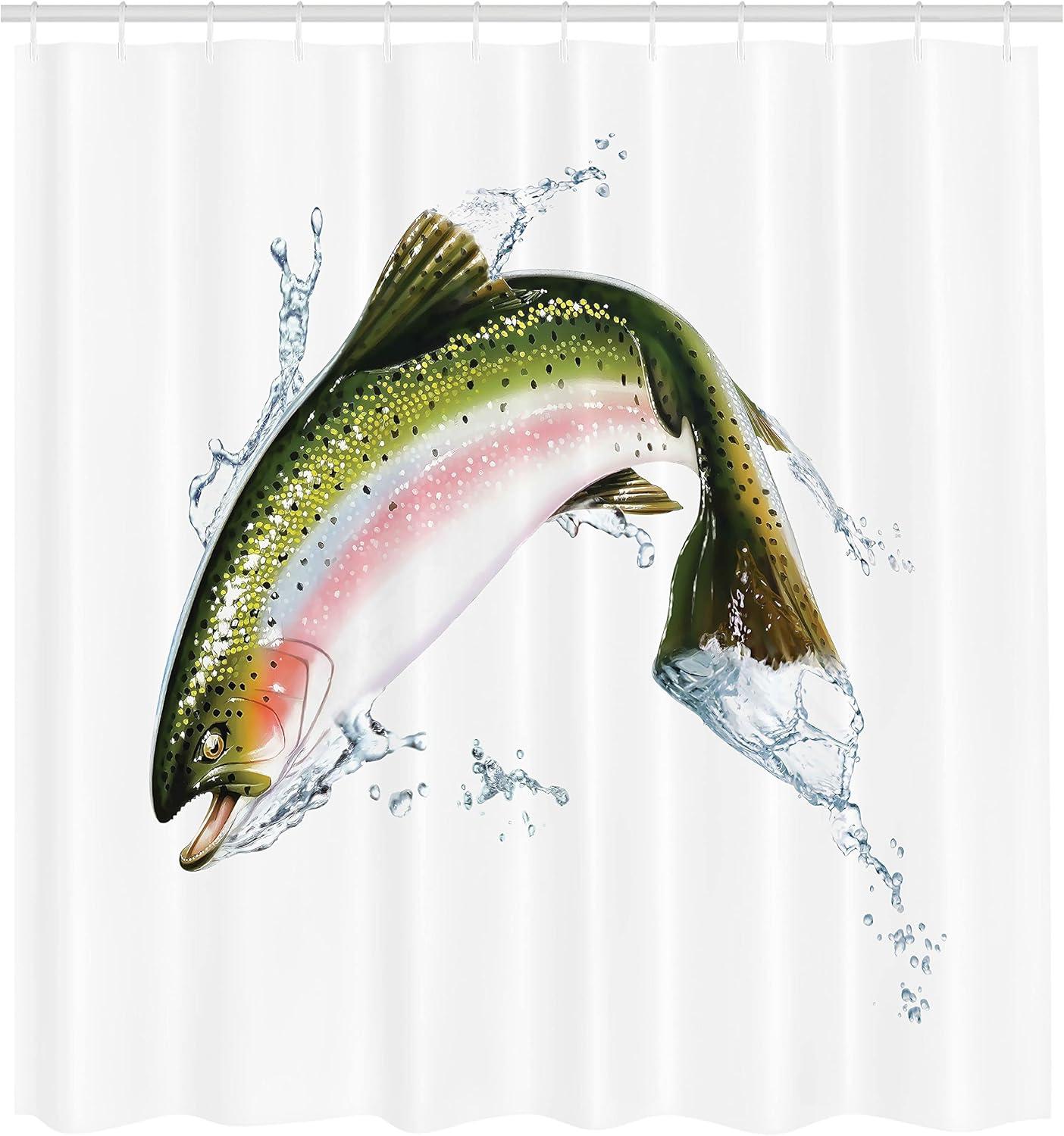 imageAmbesonne Fish Shower Curtain Salmon Jumping Out of Water Making Splashes Cartoon Design Photorealistic Airbrush Cloth Fabric Bathroom Decor Set with Hooks 69 W x 70 L Olive Green White