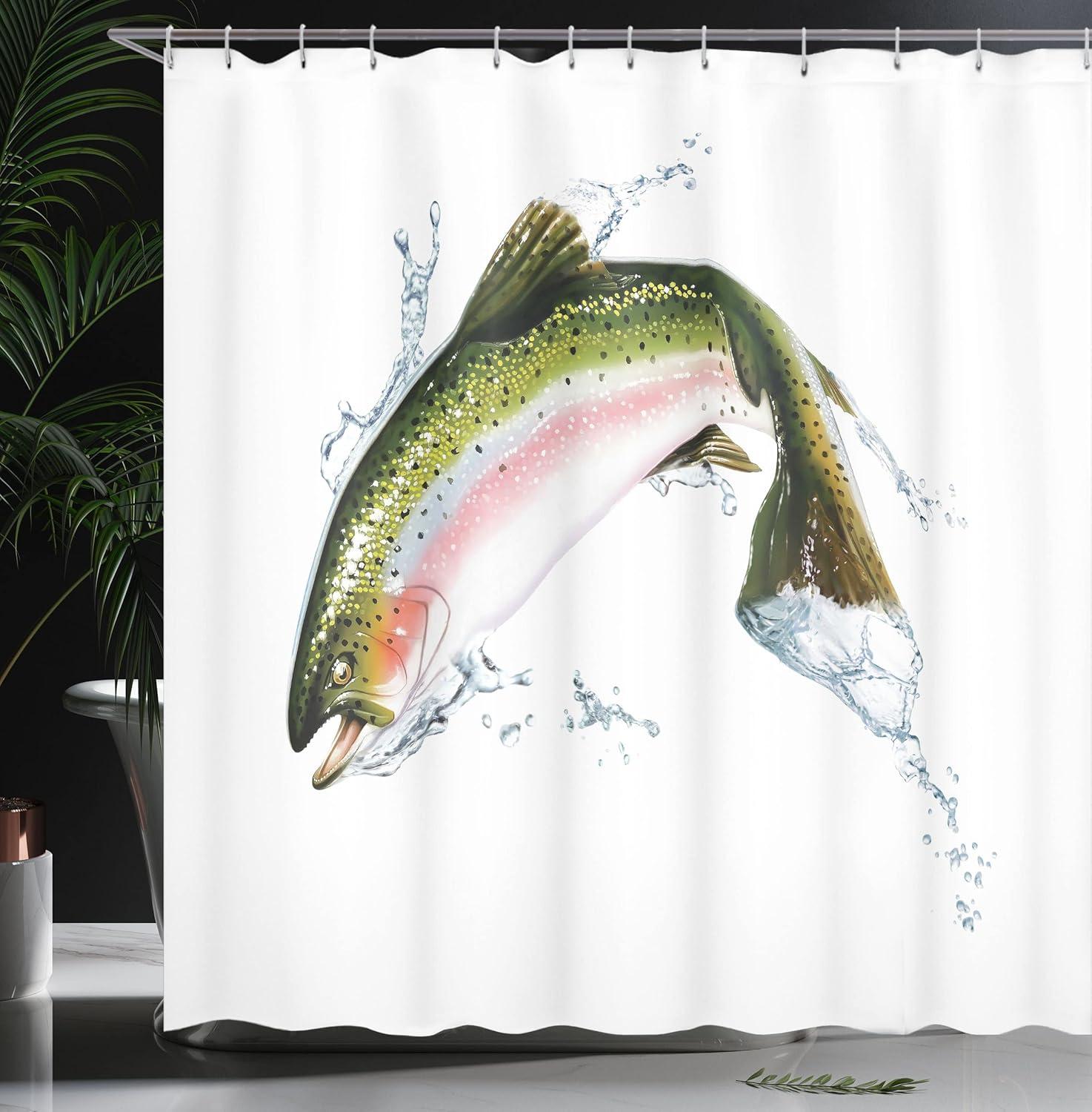 imageAmbesonne Fish Shower Curtain Salmon Jumping Out of Water Making Splashes Cartoon Design Photorealistic Airbrush Cloth Fabric Bathroom Decor Set with Hooks 69 W x 70 L Olive Green White
