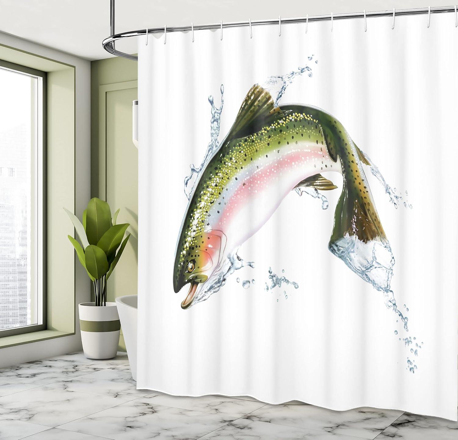 imageAmbesonne Fish Shower Curtain Salmon Jumping Out of Water Making Splashes Cartoon Design Photorealistic Airbrush Cloth Fabric Bathroom Decor Set with Hooks 69 W x 70 L Olive Green White