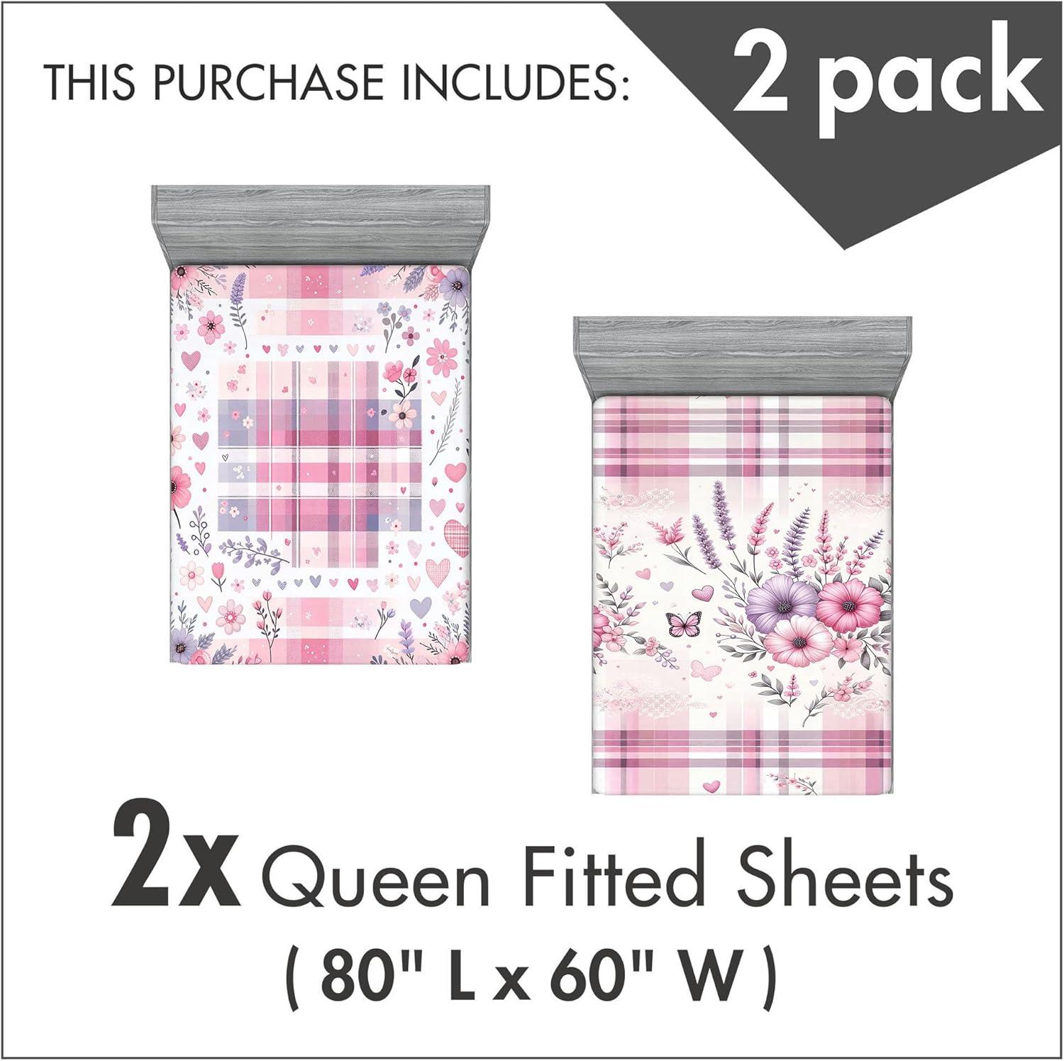 imageAmbesonne Floral Art Fitted Sheet Set Modern Scandi Flowers Leaves on Tartan Plaid Back Butterfly Valentine 2 Pack Comfortable Bedding AllRound Elastic Pocket Queen Size Blush White Grey Pink