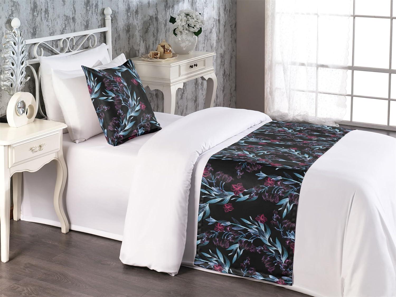 imageAmbesonne Floral Bed Runner Set Roses Lavender Eucalyptus Watercolor Valentines Day Romantic Concept Decorative Bedding Scarf and a Pillow Sham for Hotels Homes Twin Purple Grey and Off WhiteBlue Grey and Dark Magenta