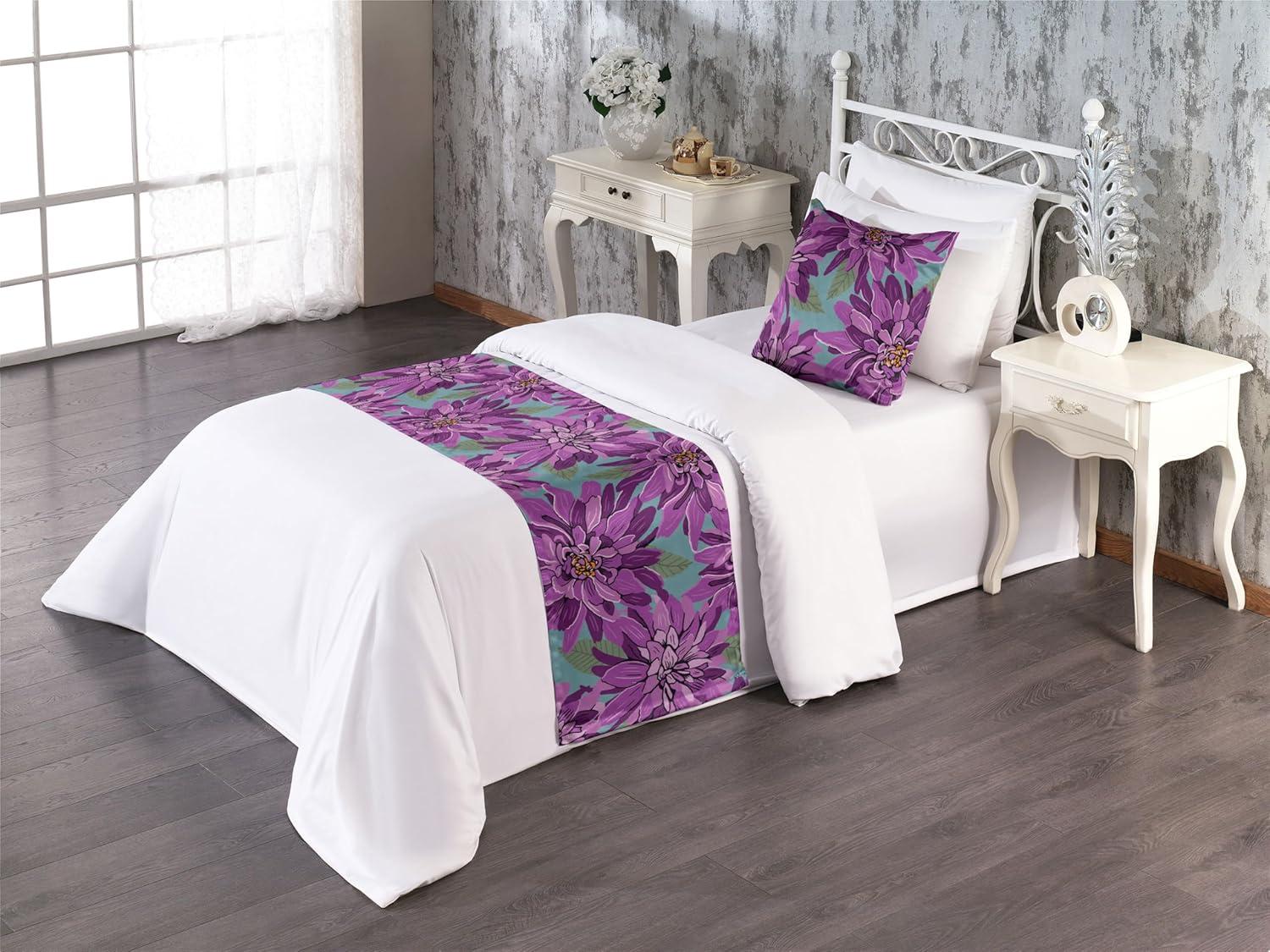imageAmbesonne Floral Bed Runner Set Roses Lavender Eucalyptus Watercolor Valentines Day Romantic Concept Decorative Bedding Scarf and a Pillow Sham for Hotels Homes Twin Purple Grey and Off WhitePurple Olive Green