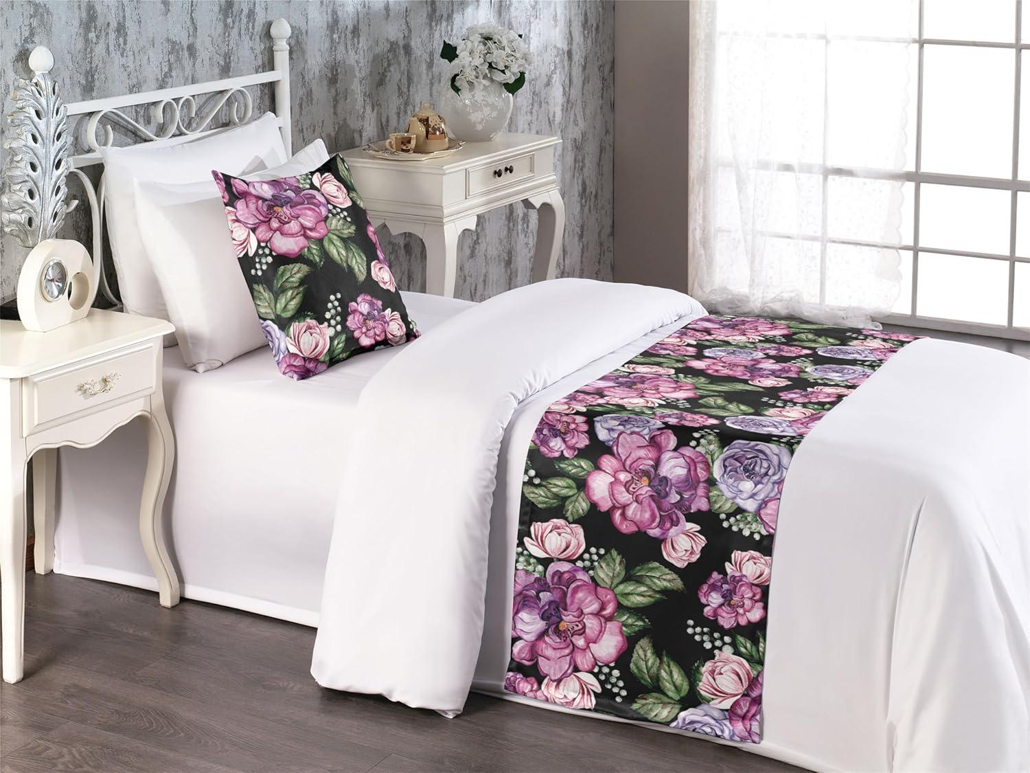 imageAmbesonne Floral Bed Runner Set Roses Lavender Eucalyptus Watercolor Valentines Day Romantic Concept Decorative Bedding Scarf and a Pillow Sham for Hotels Homes Twin Purple Grey and Off WhiteSoft Pink Olive Green