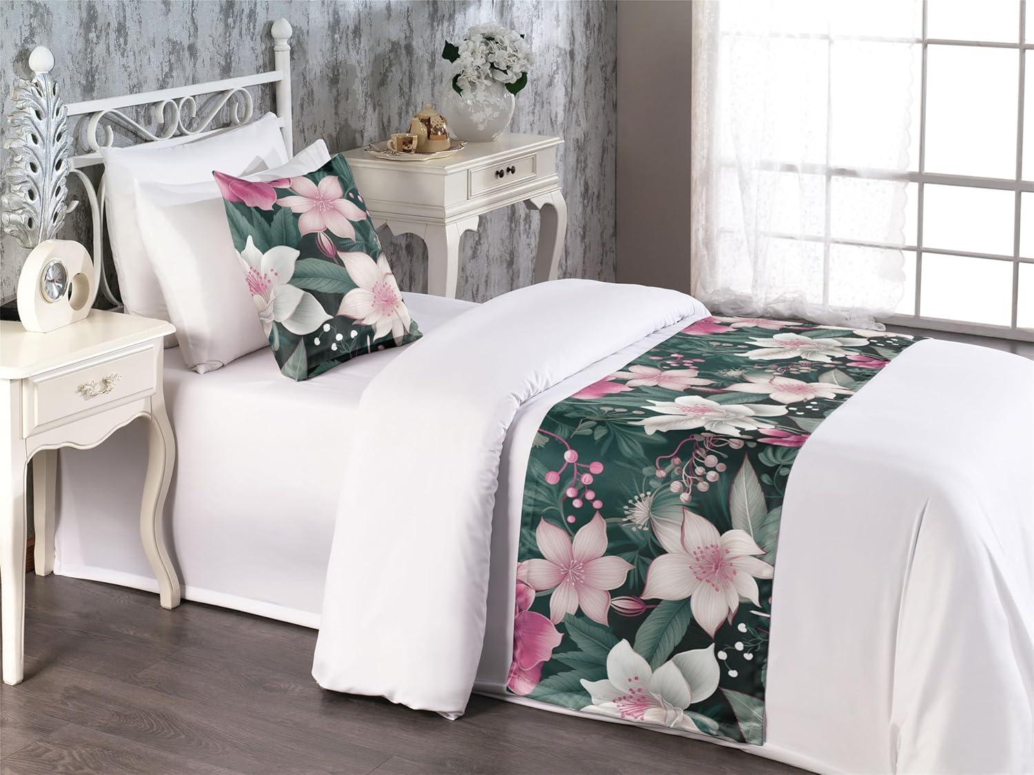 imageAmbesonne Floral Bed Runner Set Valentines Day Romantic Concept Watercolor Hydrangeas Roses Birds Decorative Bedding Scarf and 2 Pillow Shams for Hotels Homes Queen Soft Pink Pistachio GreenPink Laurel Green White