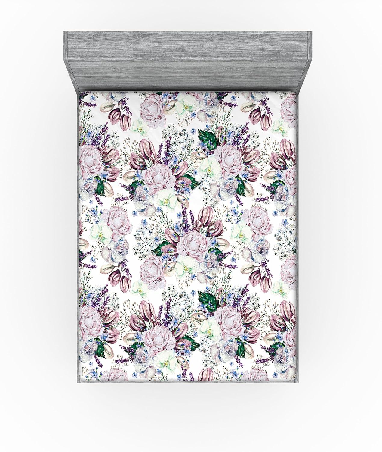 imageAmbesonne Floral Fitted Sheet Valentines Day Romantic Concept Watercolor Hydrangeas Roses Birds Decorative Soft Bedding AllRound Elastic Pocket California King Soft Pink Pistachio GreenPale Mauve White and Green